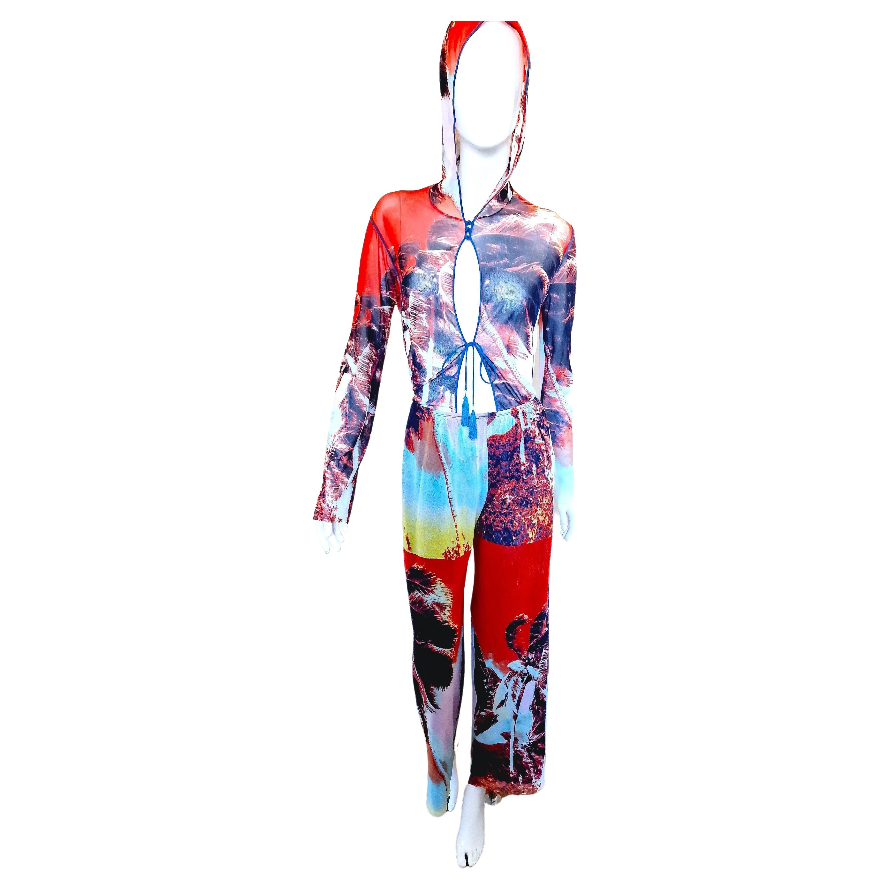 Jean Paul Gaultier Palm Tree Tropical Mesh Sheer Männer Frauen Hosen Top Kleid Set im Angebot