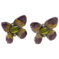 Jean Paul Gaultier Paris Cufflinks Purple and Yellow Enamel Butterfly