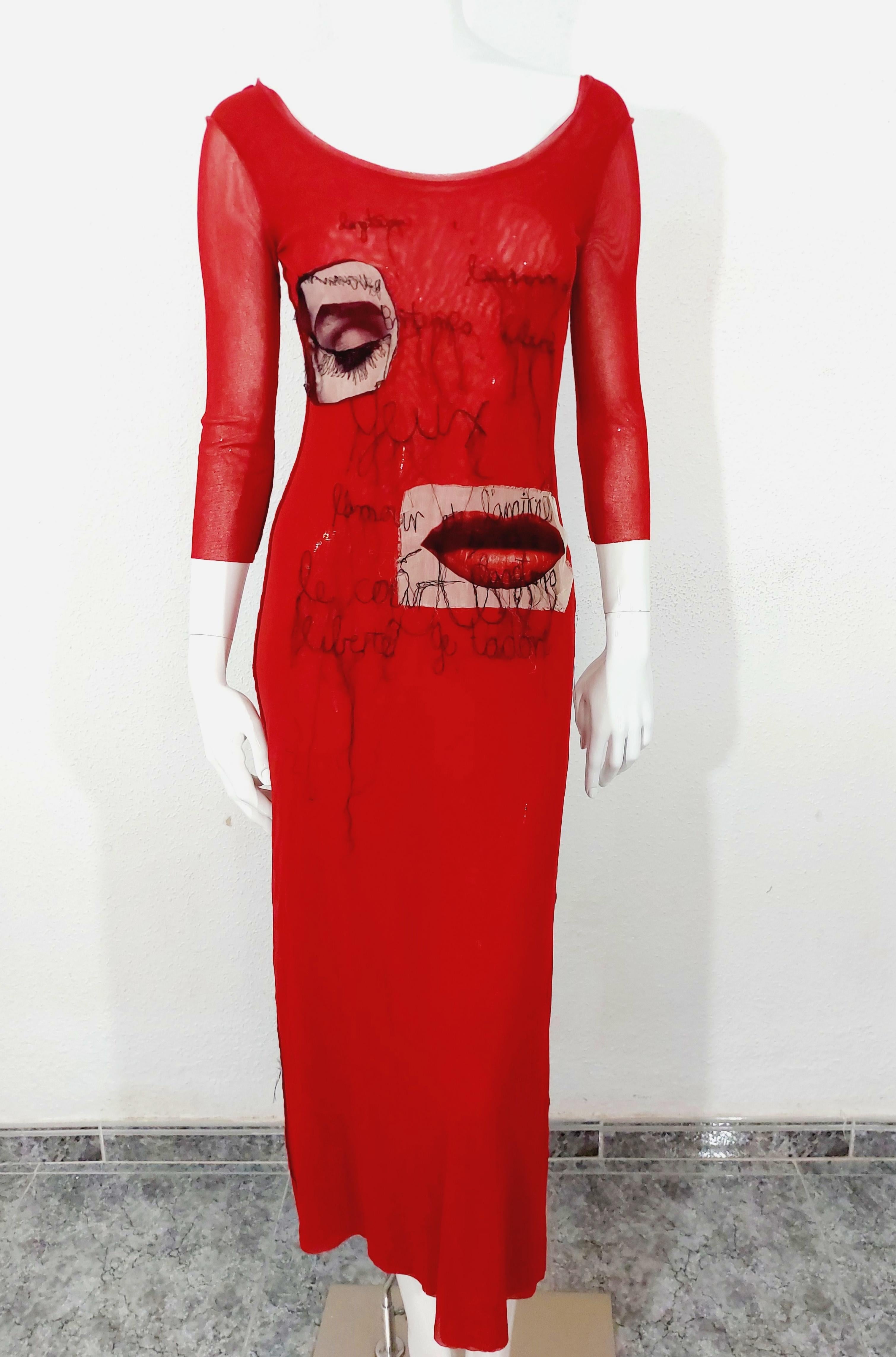 Jean Paul Gaultier Patch Embroidered Tattoo Lips Eyes Applique Mesh Maxi Dress 6