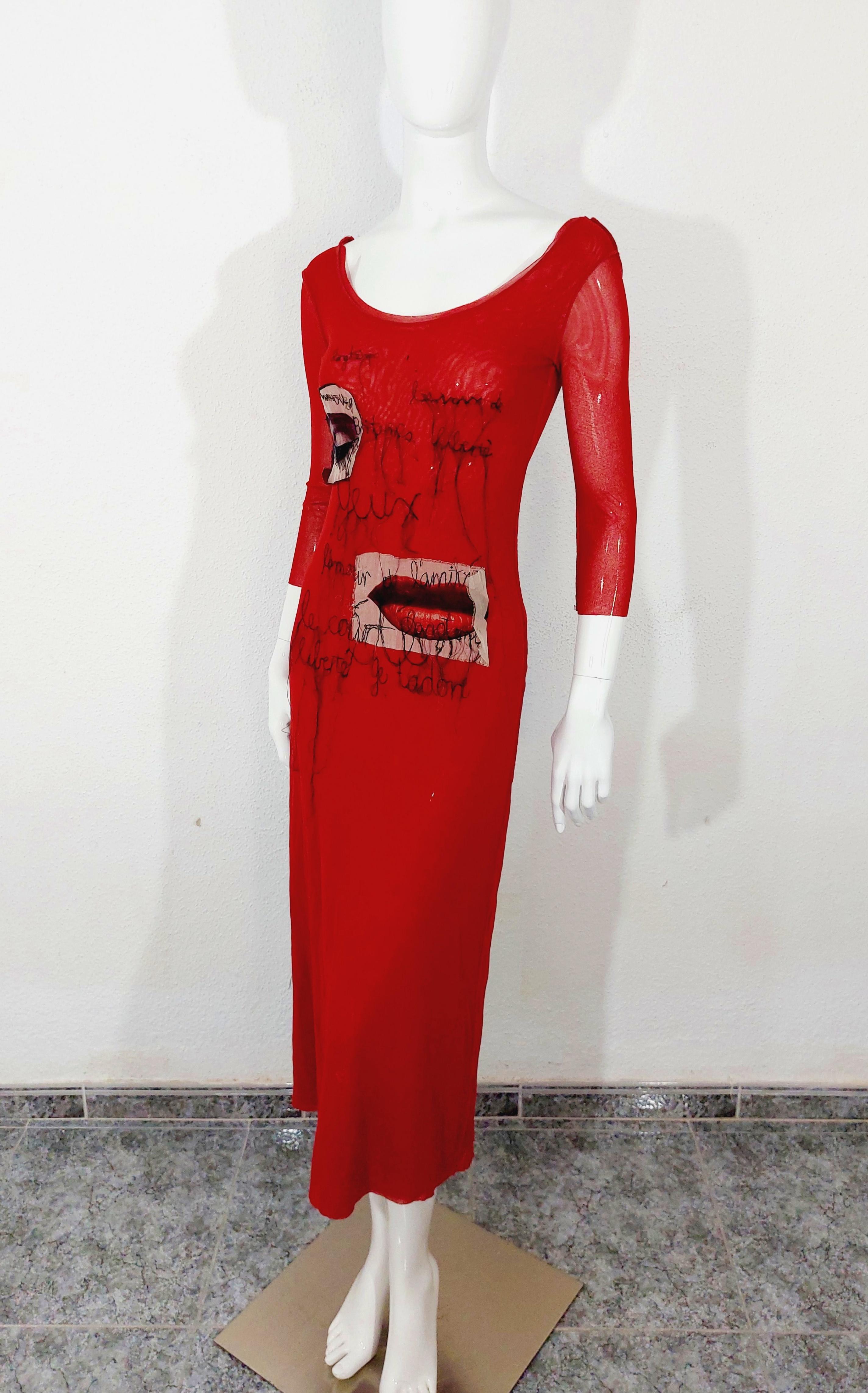 Jean Paul Gaultier Patch Embroidered Tattoo Lips Eyes Applique Mesh Maxi Dress In Excellent Condition In PARIS, FR