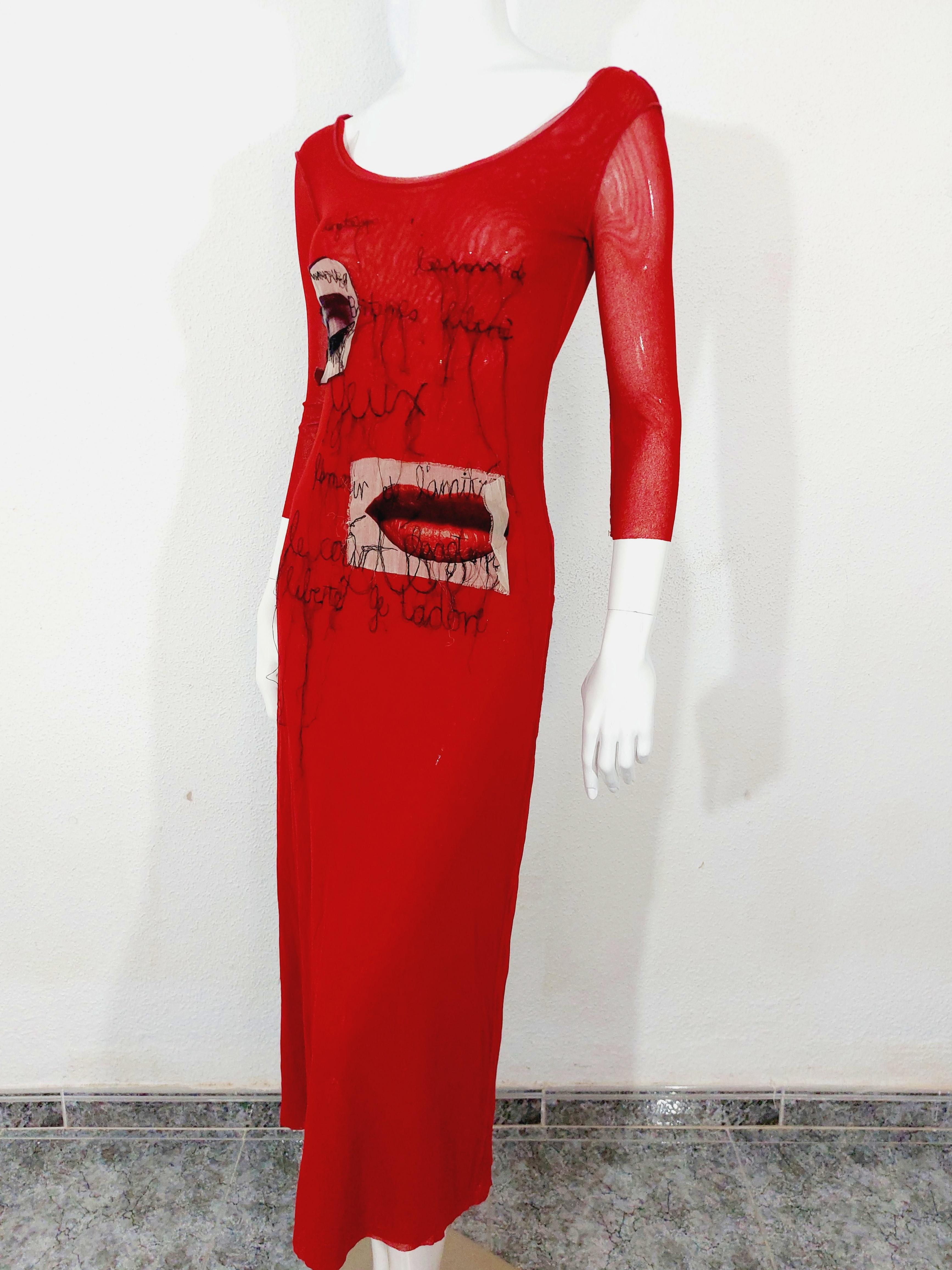 Women's Jean Paul Gaultier Patch Embroidered Tattoo Lips Eyes Applique Mesh Maxi Dress