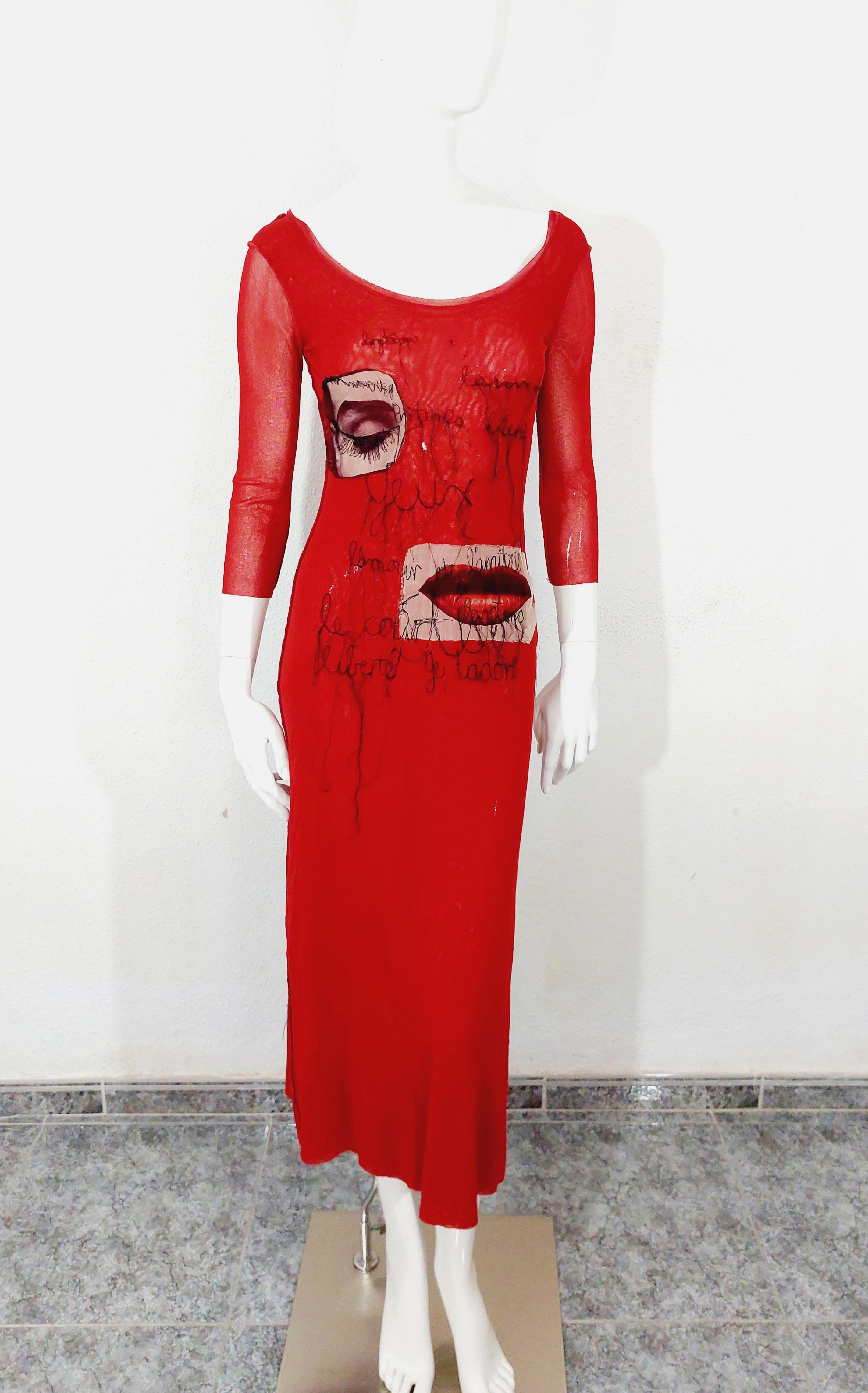 Jean Paul Gaultier Patch Embroidered Tattoo Lips Eyes Applique Mesh Maxi Dress 5