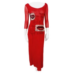 Retro Jean Paul Gaultier Patch Embroidered Tattoo Lips Eyes Applique Mesh Maxi Dress