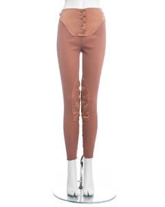 Jean Paul Gaultier Pfirsichfarbene Leggings aus Rippenstrick und Satin mit Schnürung, ss 1992