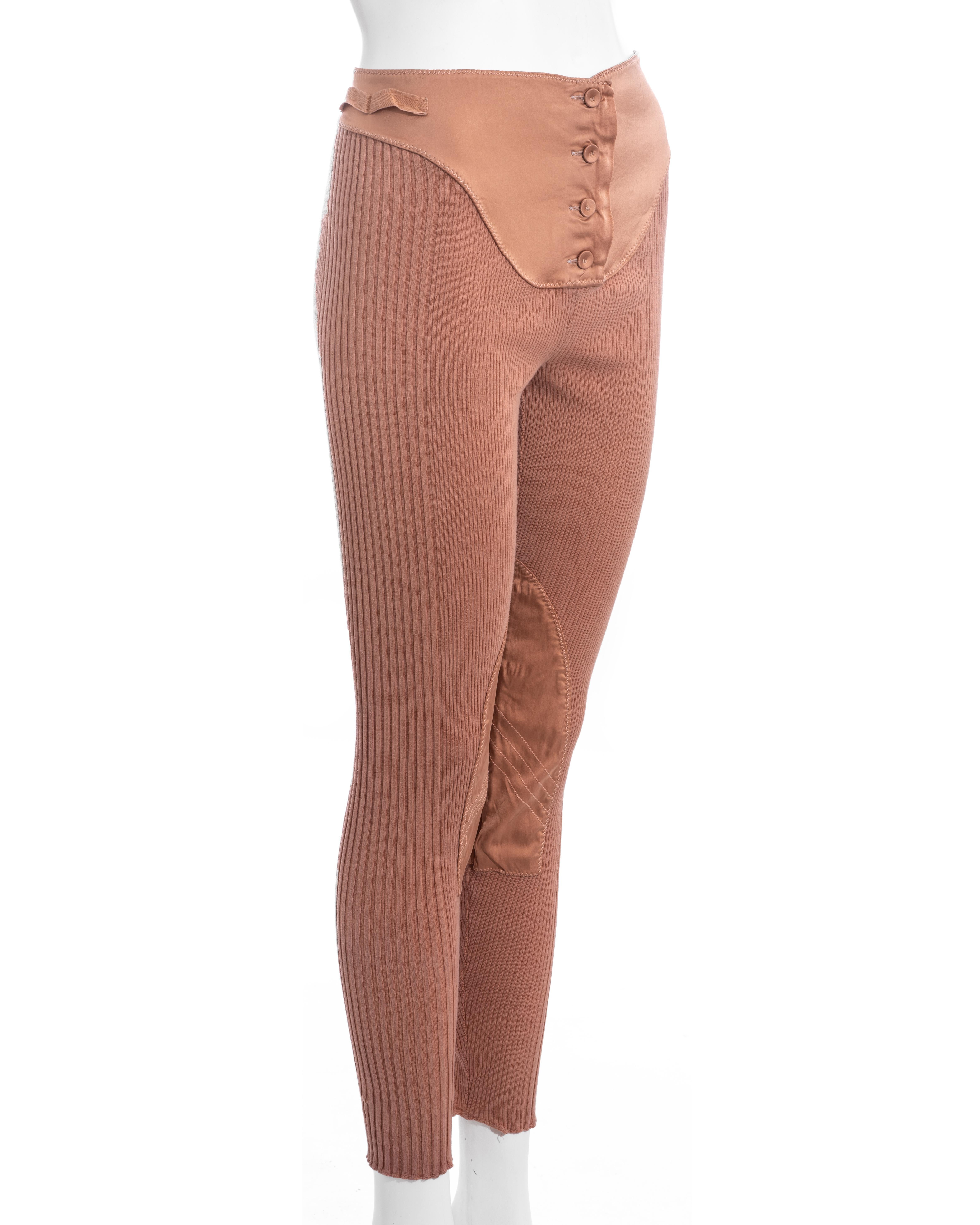 Brown Jean Paul Gaultier peach rib knit and satin lace up legging pants, ss 1992