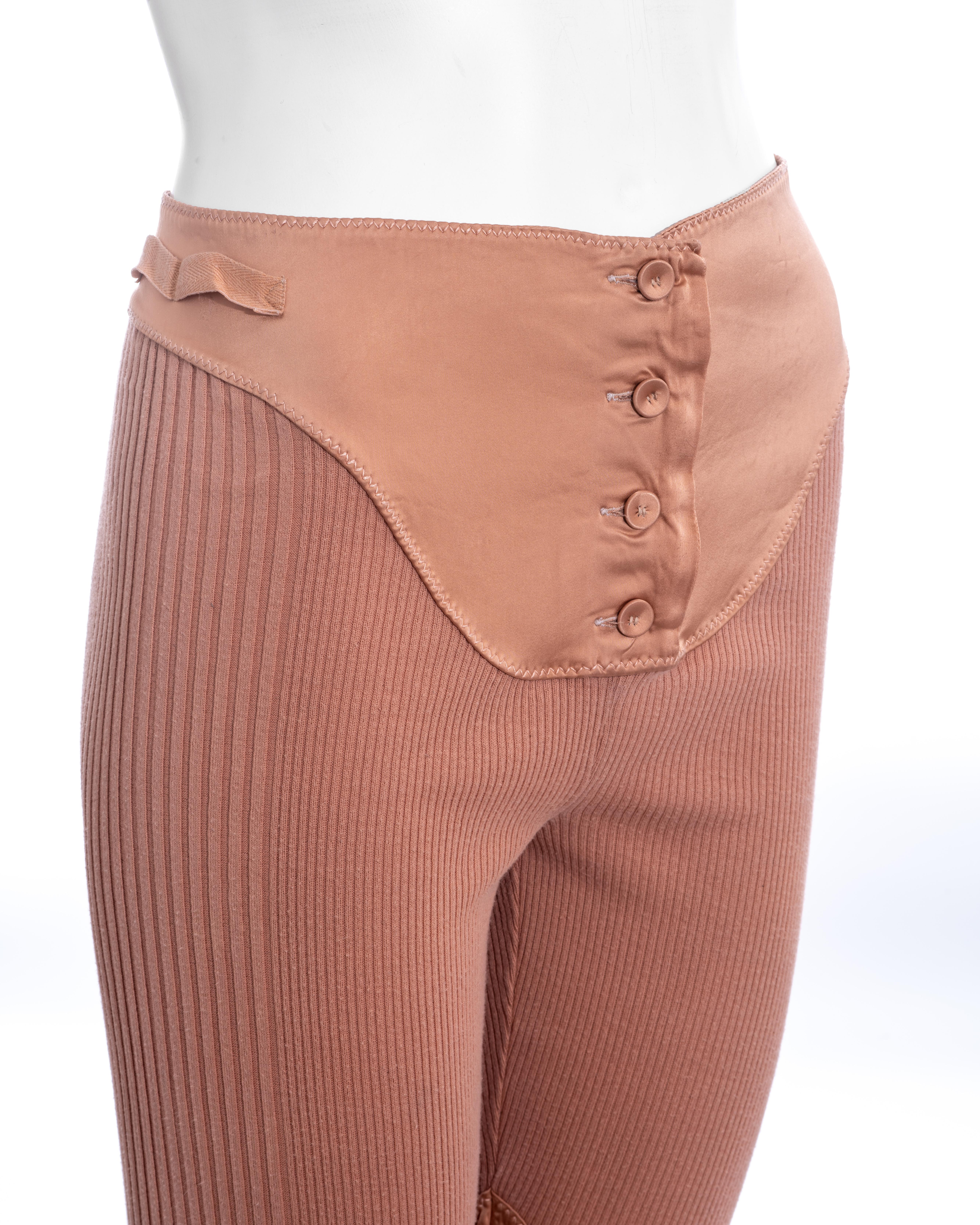 Jean Paul Gaultier peach rib knit and satin lace up legging pants, ss 1992 In Excellent Condition In London, GB