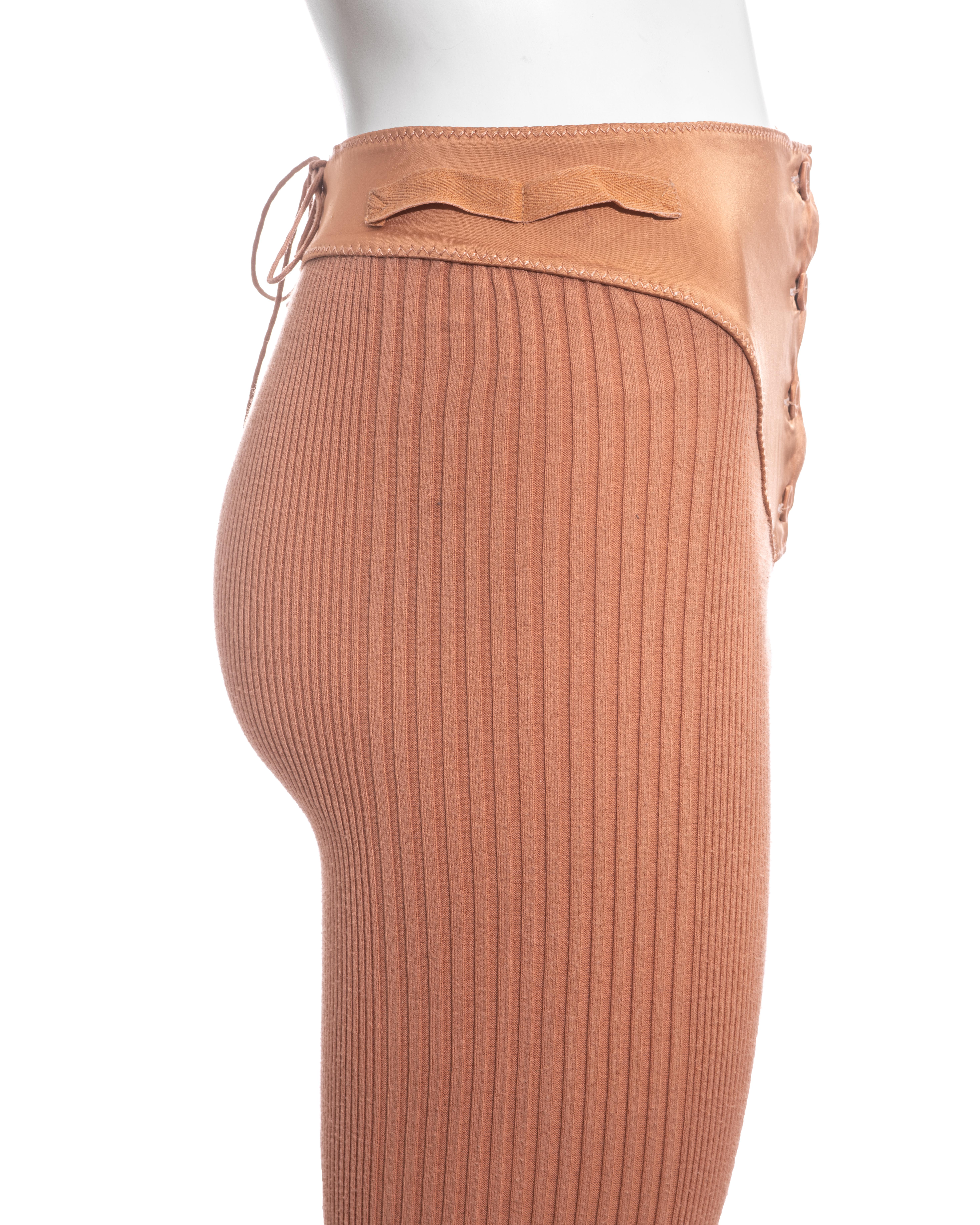 Women's Jean Paul Gaultier peach rib knit and satin lace up legging pants, ss 1992