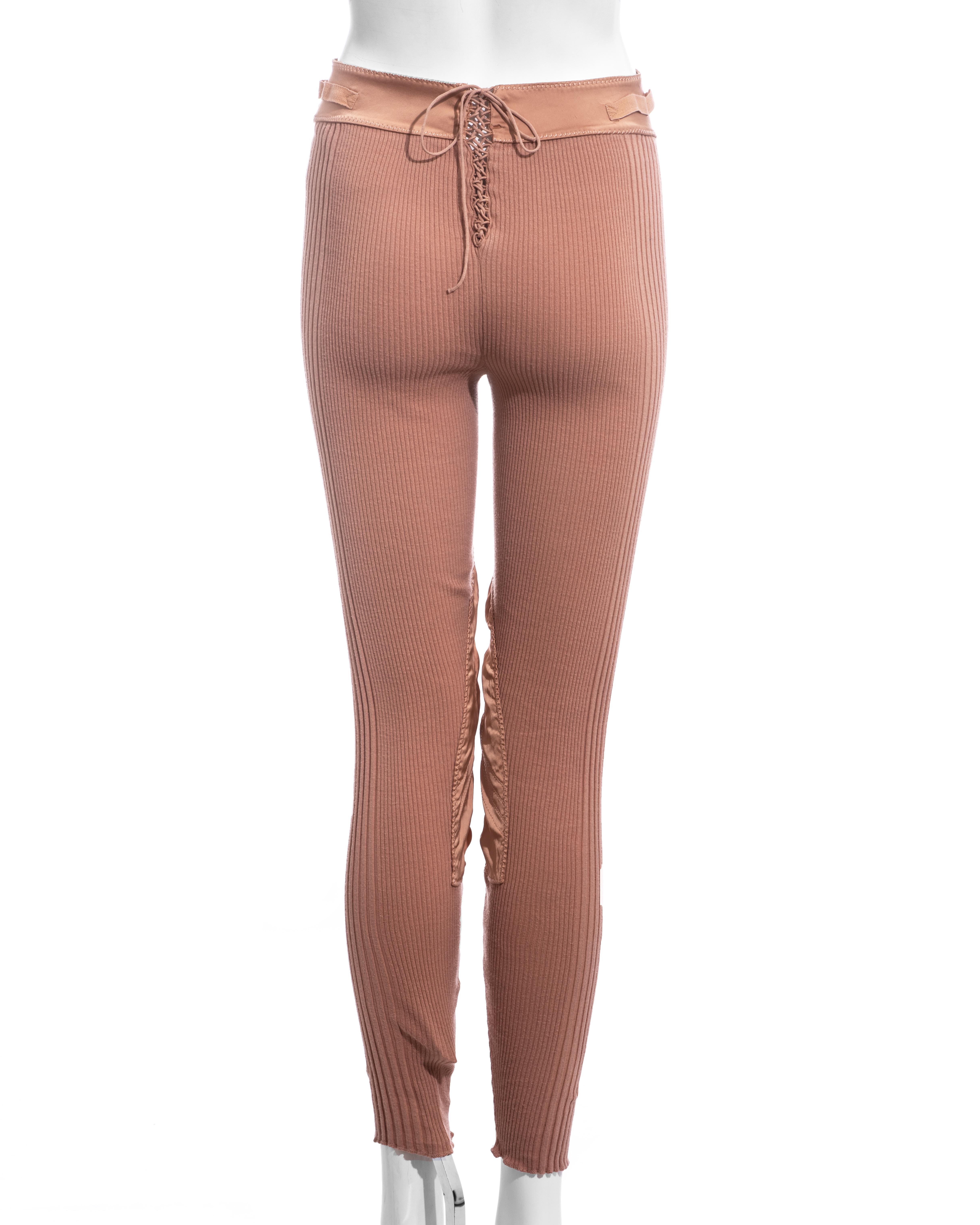 Jean Paul Gaultier peach rib knit and satin lace up legging pants, ss 1992 1