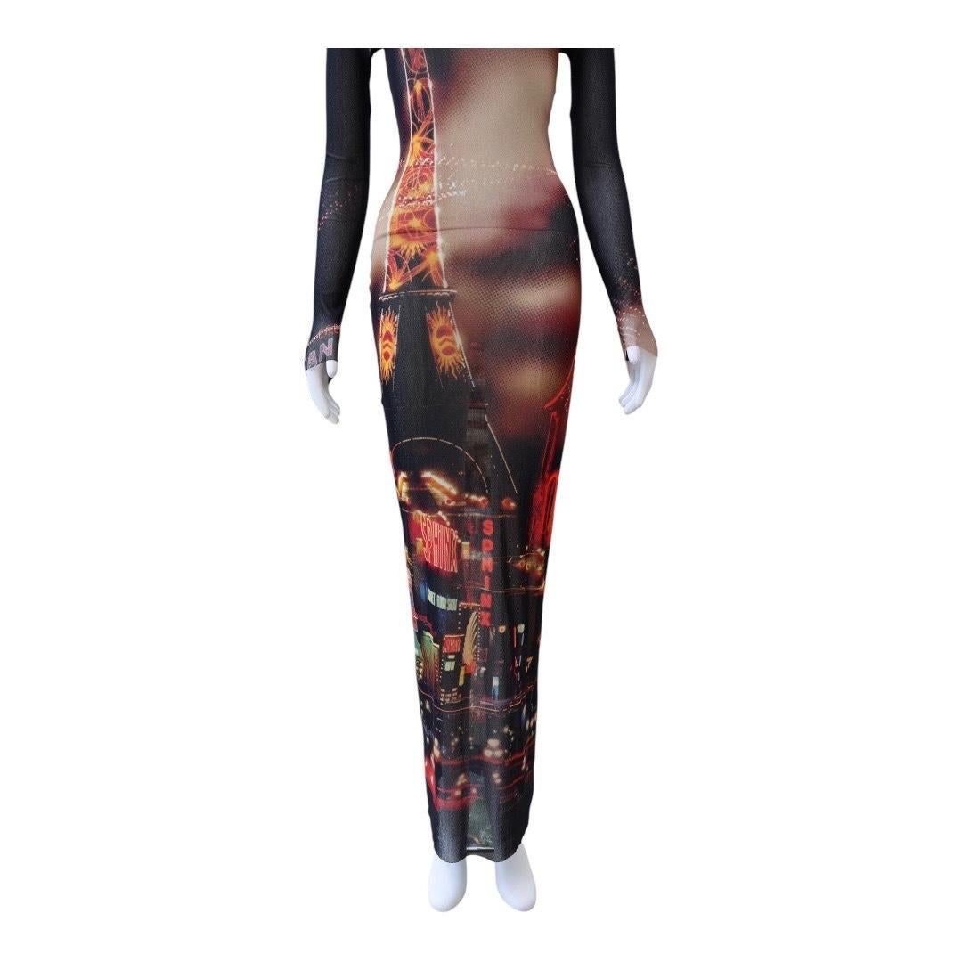 Black JEAN PAUL GAULTIER Pigalle Printed Mesh Long Dress For Sale