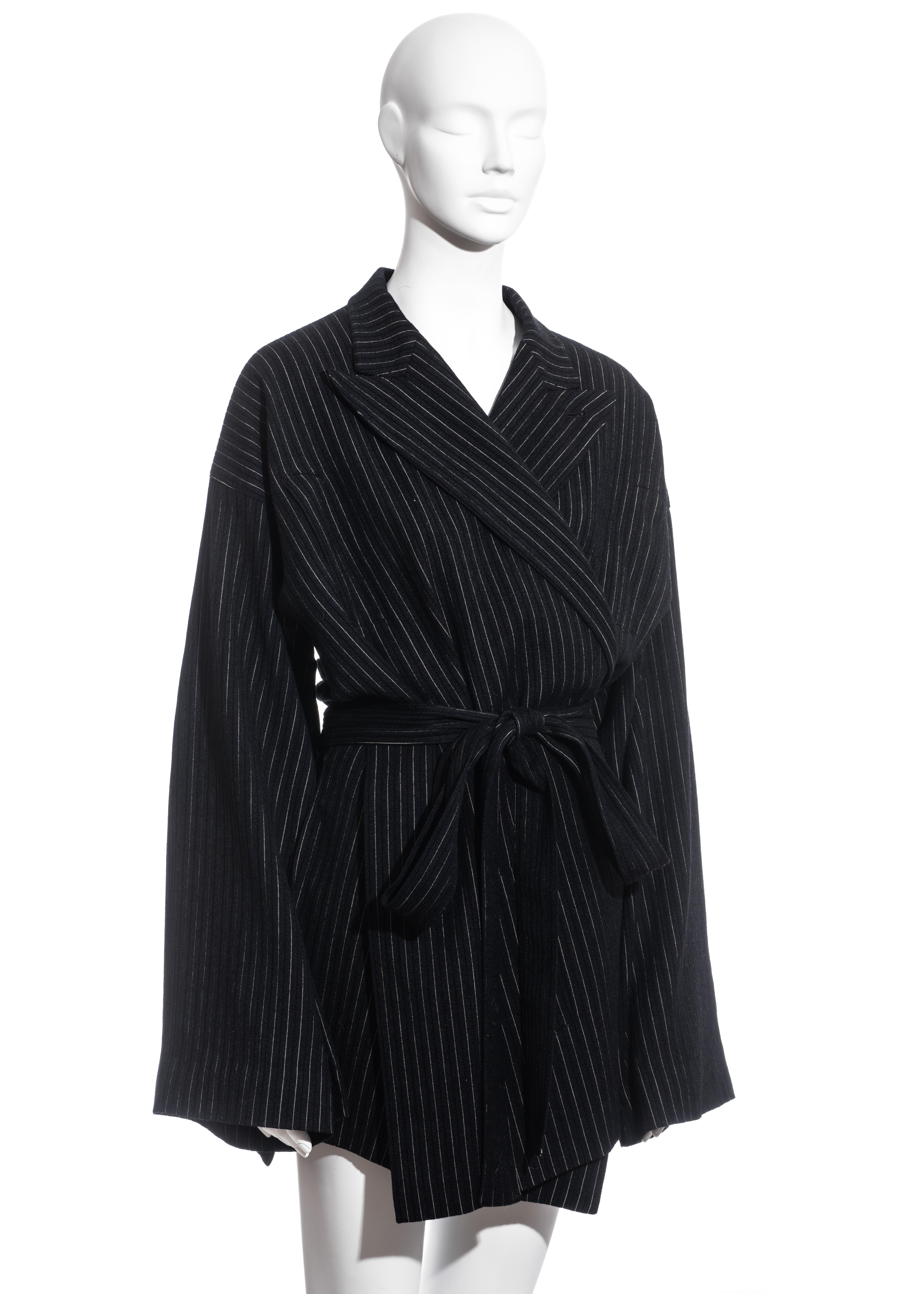 Black Jean Paul Gaultier pinstripe wool blazer wrap jacket, fw 1994