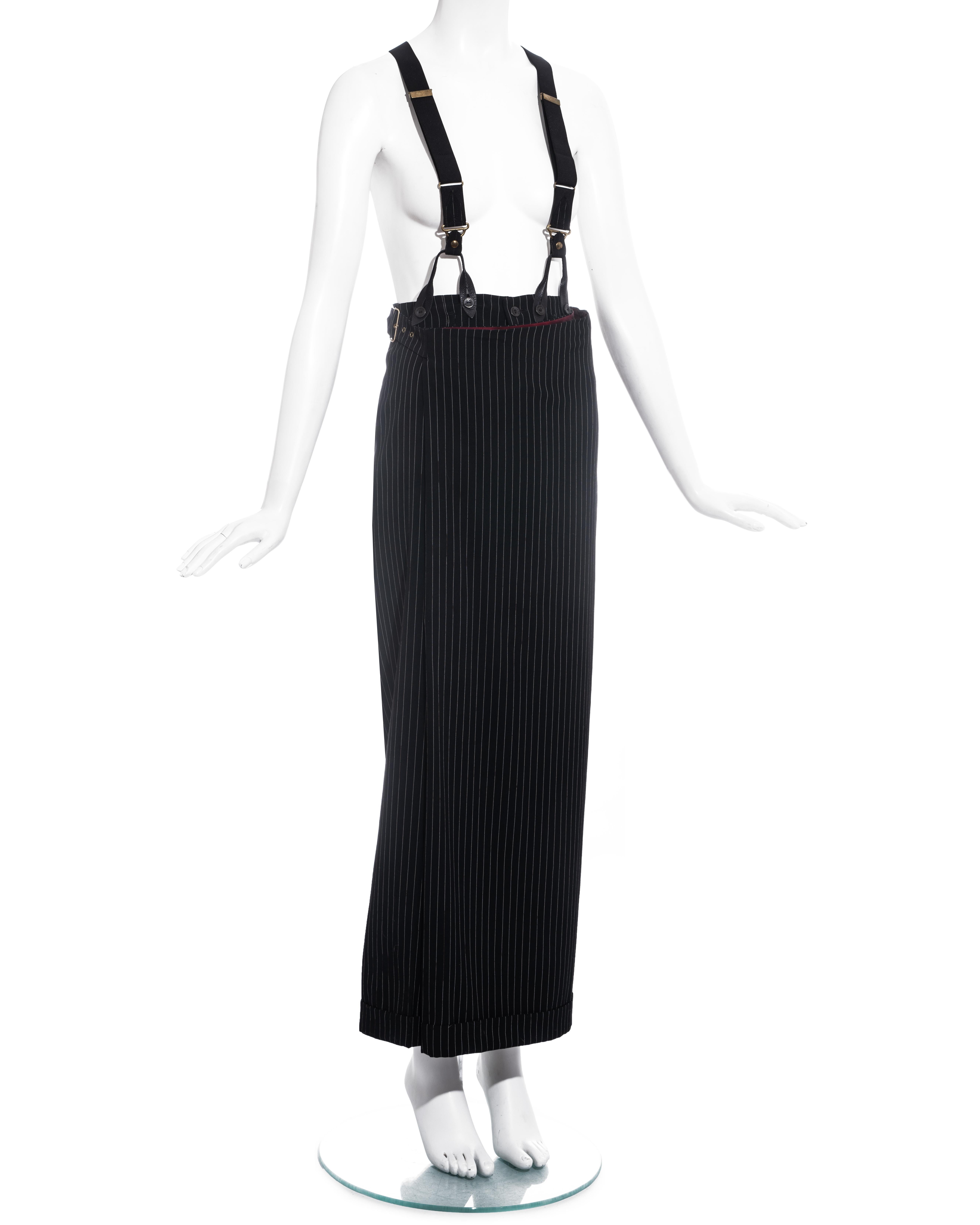 Black Jean Paul Gaultier pinstripe wool suspender wrap skirt / pants, fw 1993