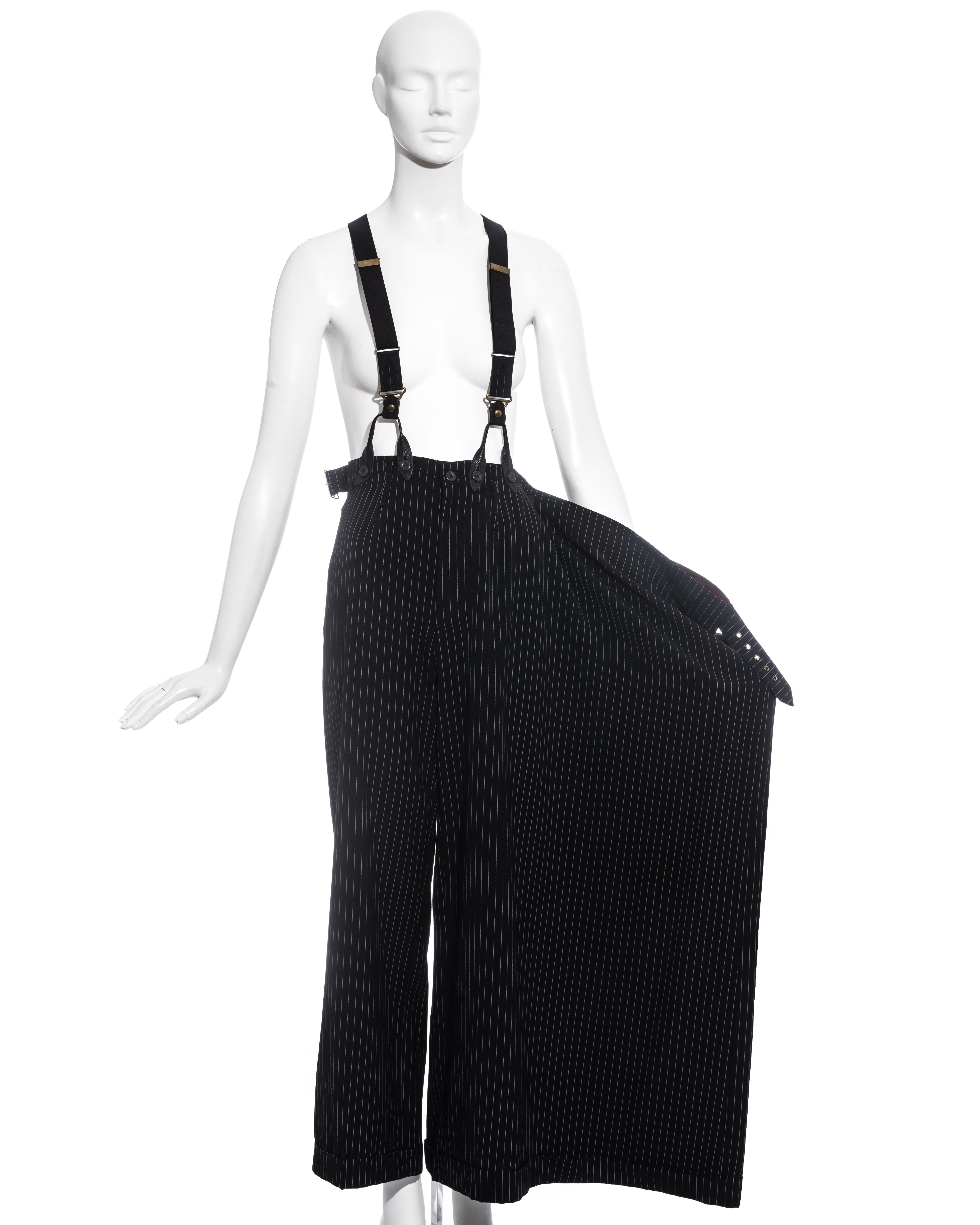Women's Jean Paul Gaultier pinstripe wool suspender wrap skirt / pants, fw 1993