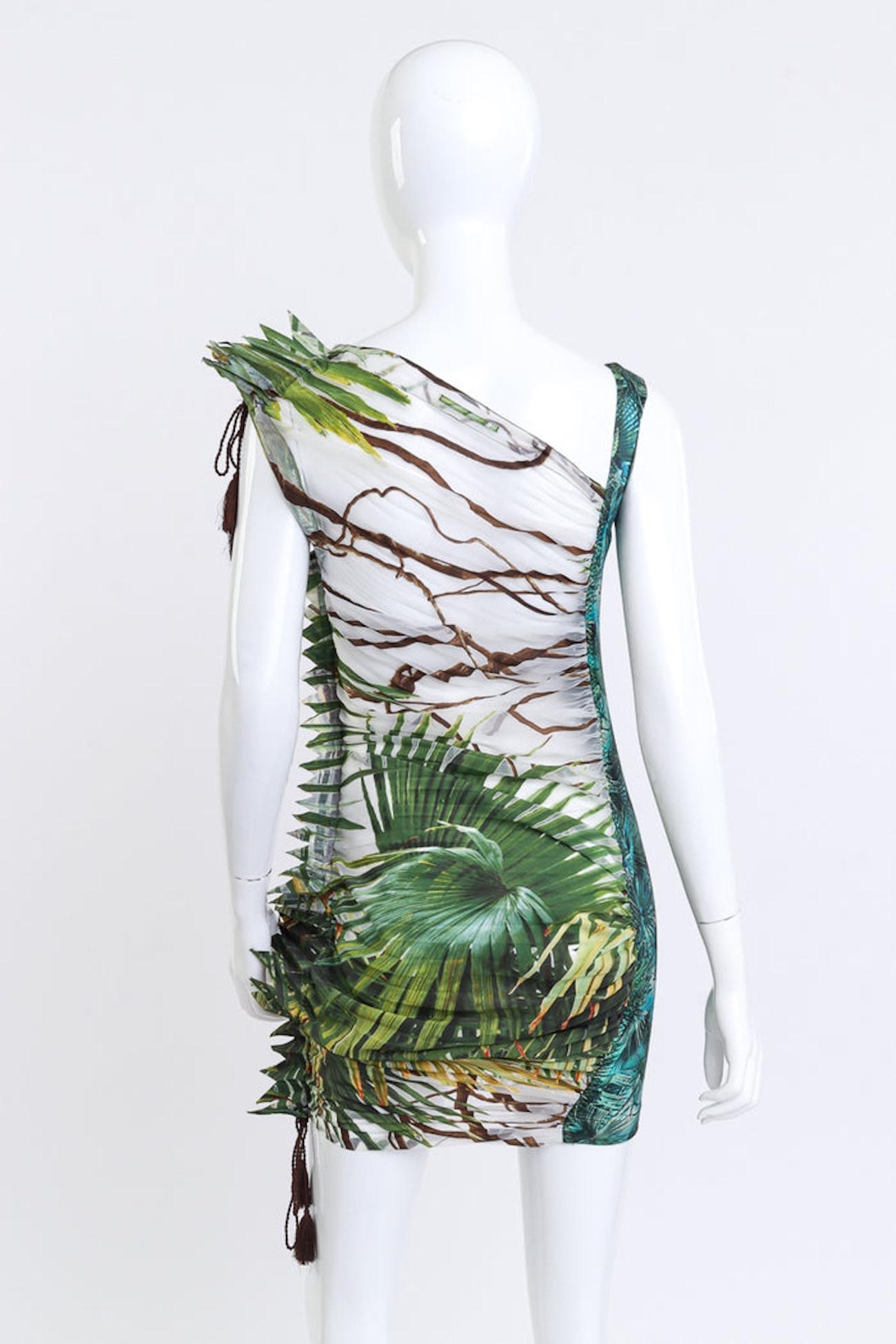 Gray Jean Paul Gaultier Pleated Palm Print Forest Fantasia Dress (US 6) For Sale
