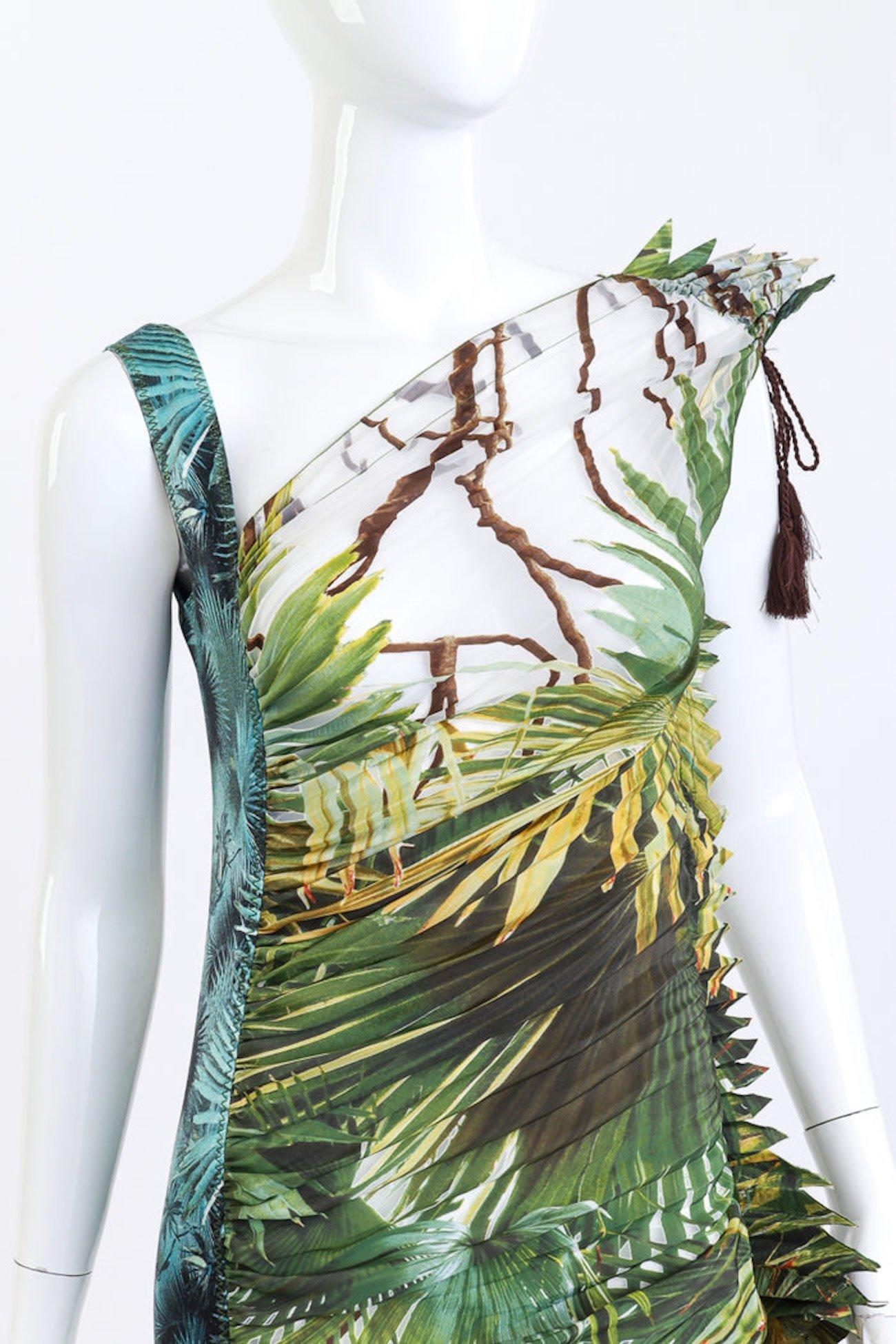 Jean Paul Gaultier Pleated Palm Print Forest Fantasia Dress (US 6) In Good Condition For Sale In Montreal, Quebec