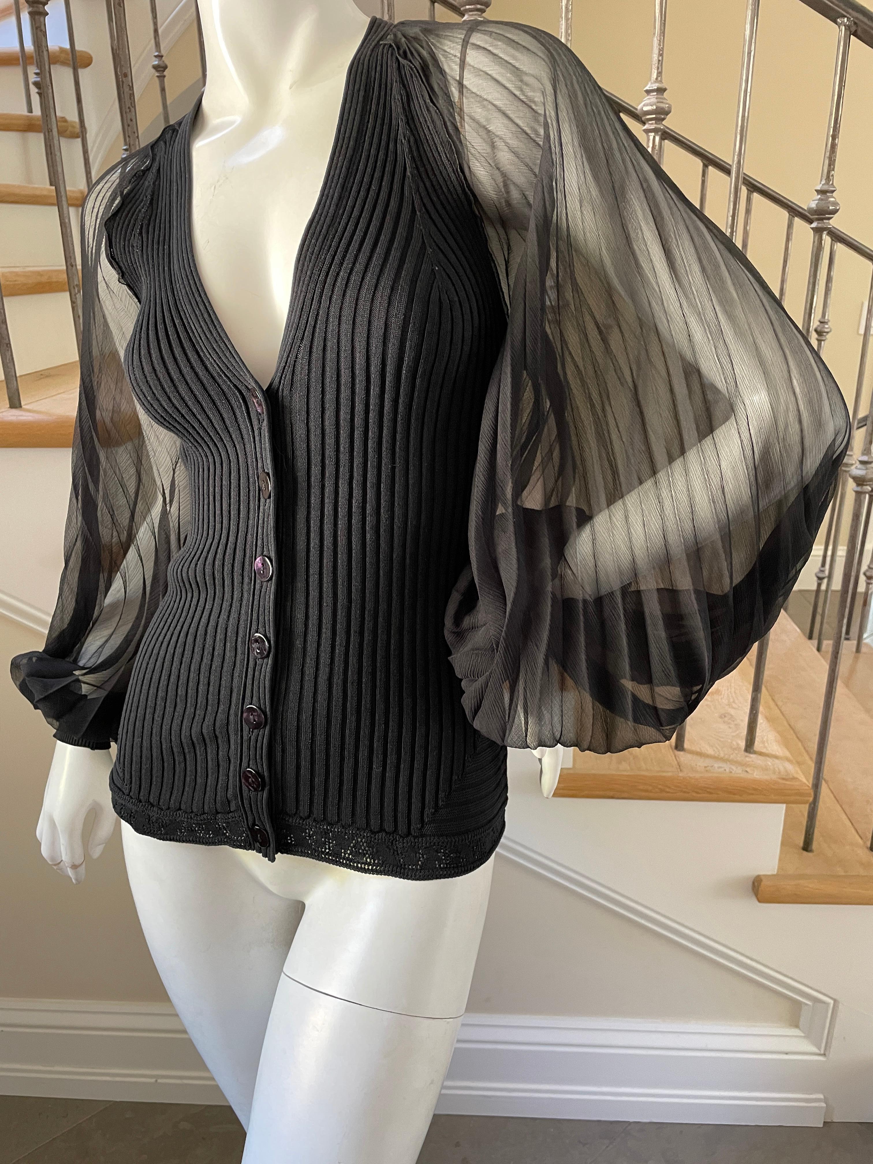 Jean Paul Gaultier Plunging Vintage Black Sweater Jacket w Sheer Balloon Sleeves
Size S
Bust 32