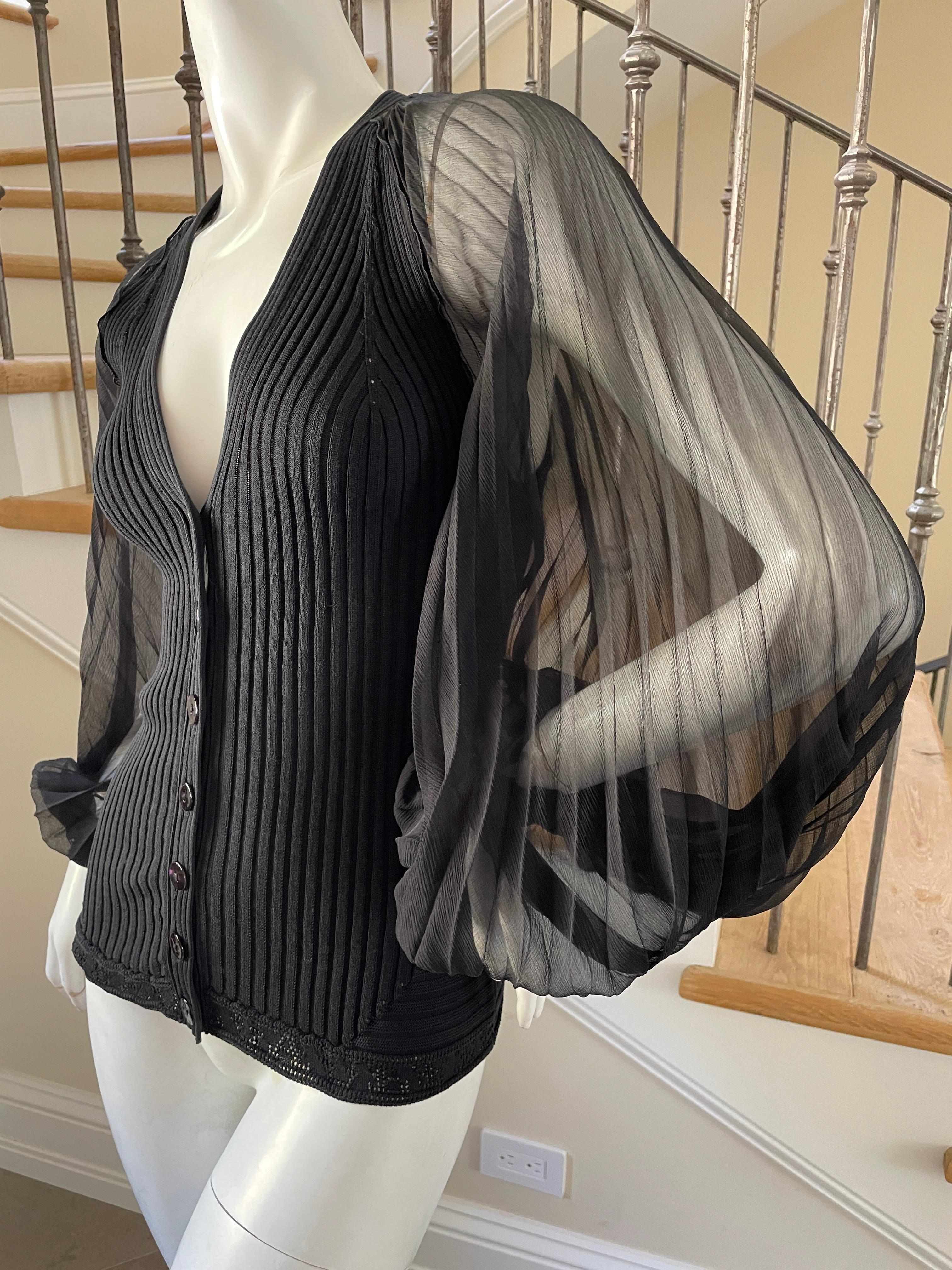 Jean Paul Gaultier Plunging Vintage Black Sweater Jacket w Sheer Balloon Sleeves In Excellent Condition For Sale In Cloverdale, CA