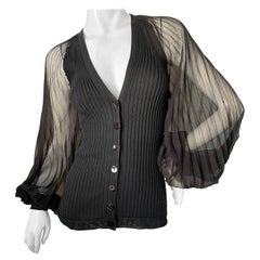 Jean Paul Gaultier Plunging Vintage Black Sweater Jacket w Sheer Balloon Sleeves