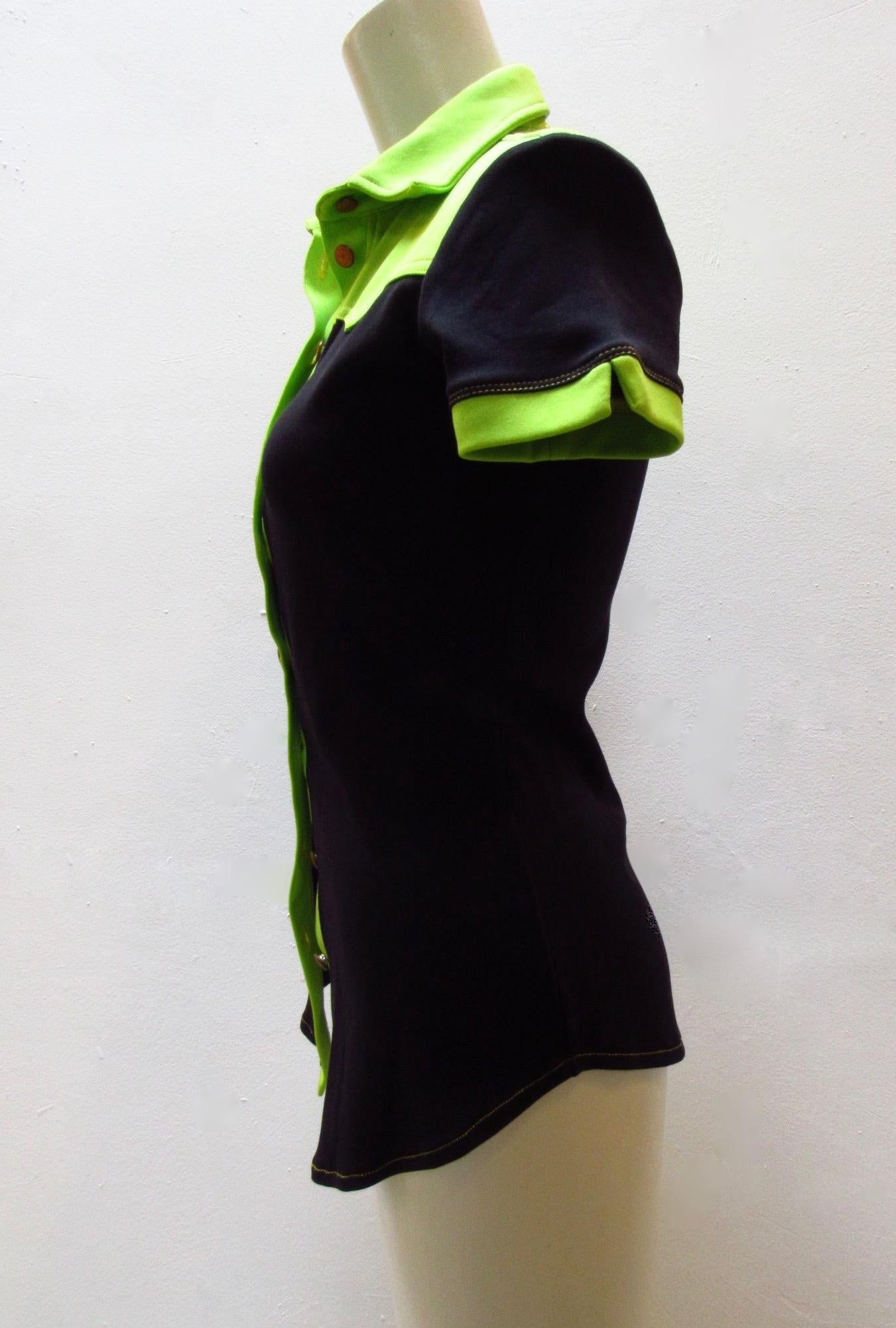 Vintage Jean Paul Gaultier black stretch polyamide top has contrasting neon green collar, cuffs and placket. 