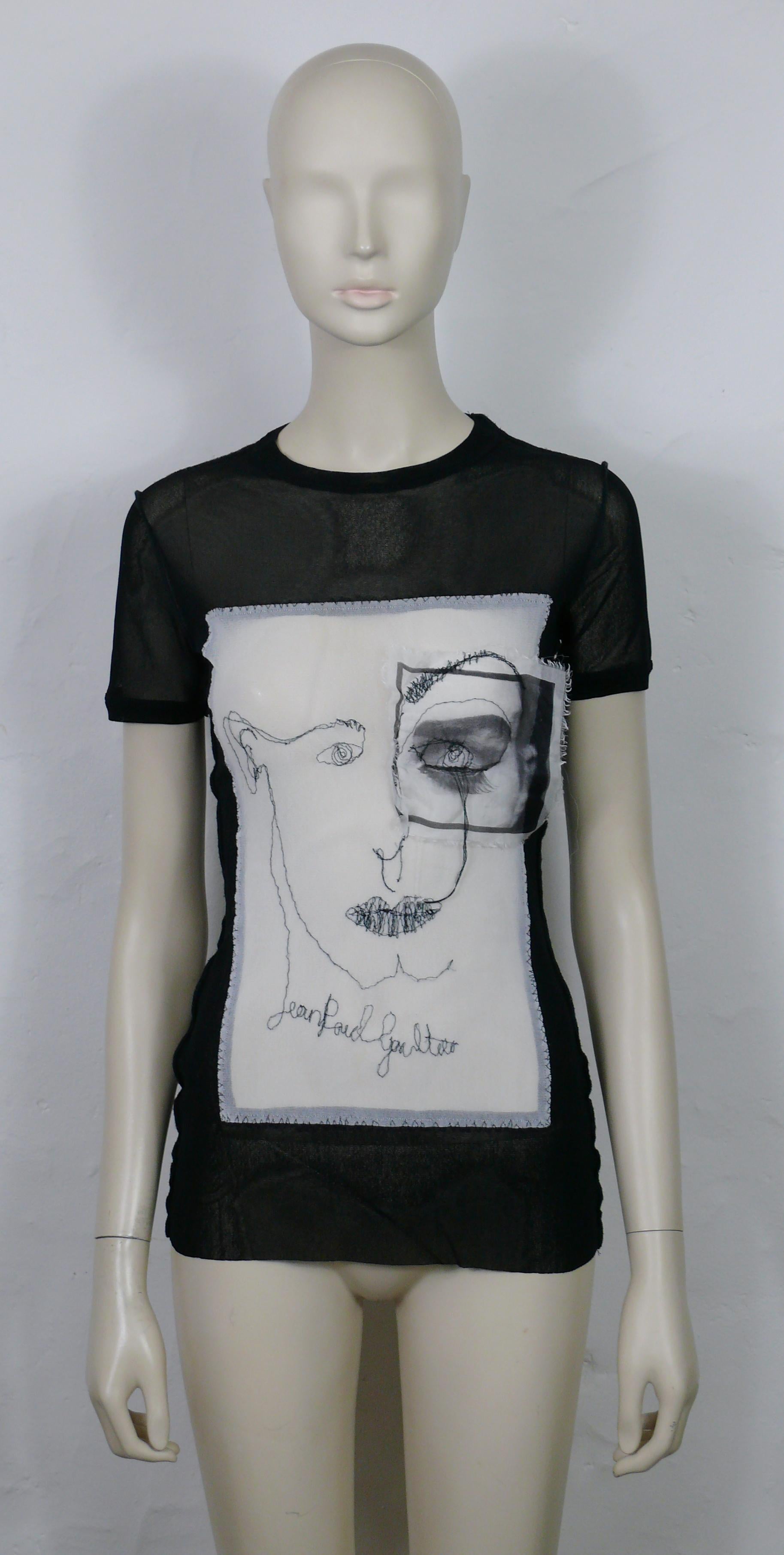 JEAN PAUL GAULTIER Vintage Portrait and Eye Applique Mesh Top Size L In Good Condition For Sale In Nice, FR