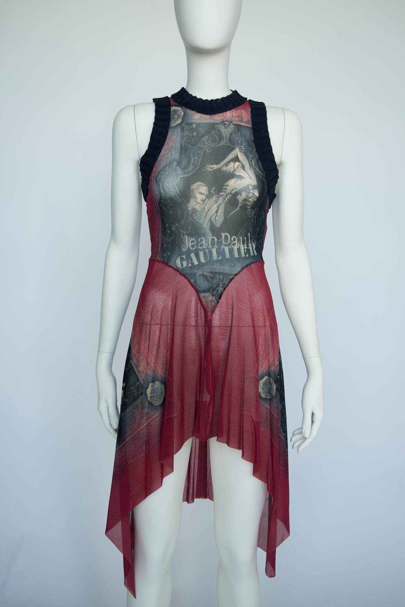 Gray Jean Paul Gaultier Printed Stretch-Mesh & Knit Asymetric Tattoo Dress, SS1995 For Sale