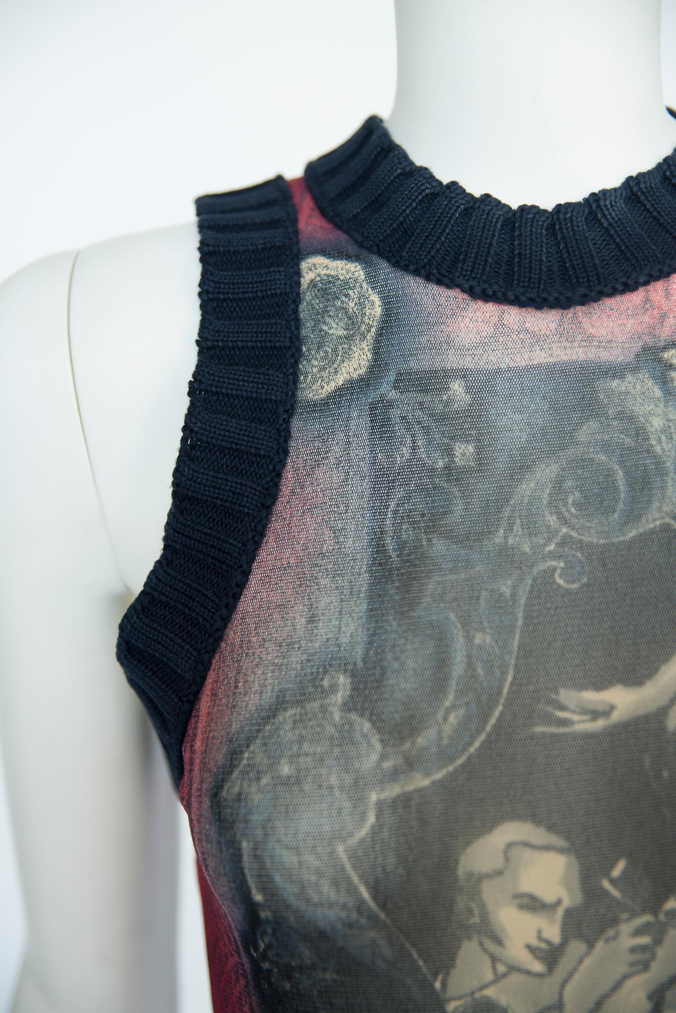 Jean Paul Gaultier Printed Stretch-Mesh & Knit Asymetric Tattoo Dress, SS1995 In Good Condition For Sale In Geneva, CH