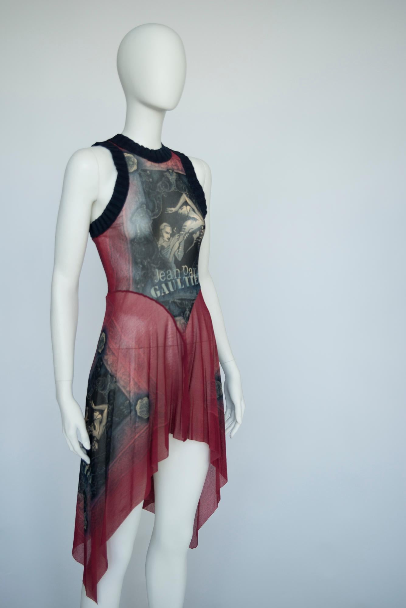 Women's or Men's Jean Paul Gaultier Printed Stretch-Mesh & Knit Asymetric Tattoo Dress, SS1995 For Sale