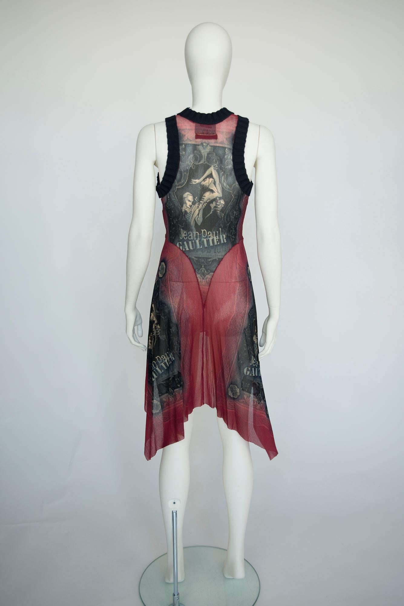Jean Paul Gaultier Printed Stretch-Mesh & Knit Asymetric Tattoo Dress, SS1995 For Sale 3