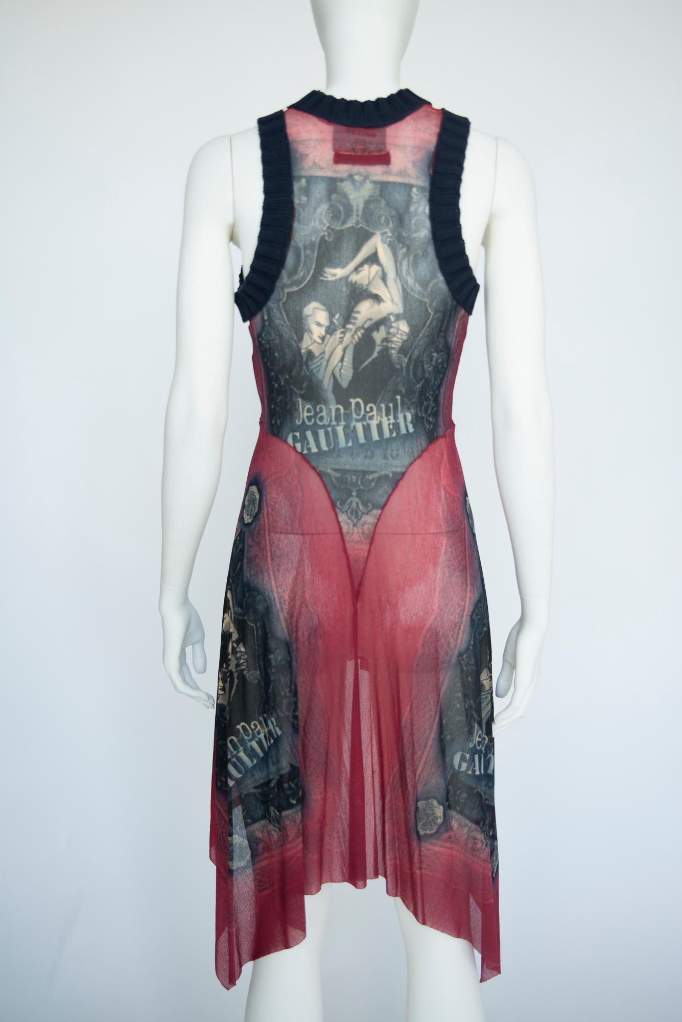 Jean Paul Gaultier Printed Stretch-Mesh & Knit Asymetric Tattoo Dress, SS1995 For Sale 4