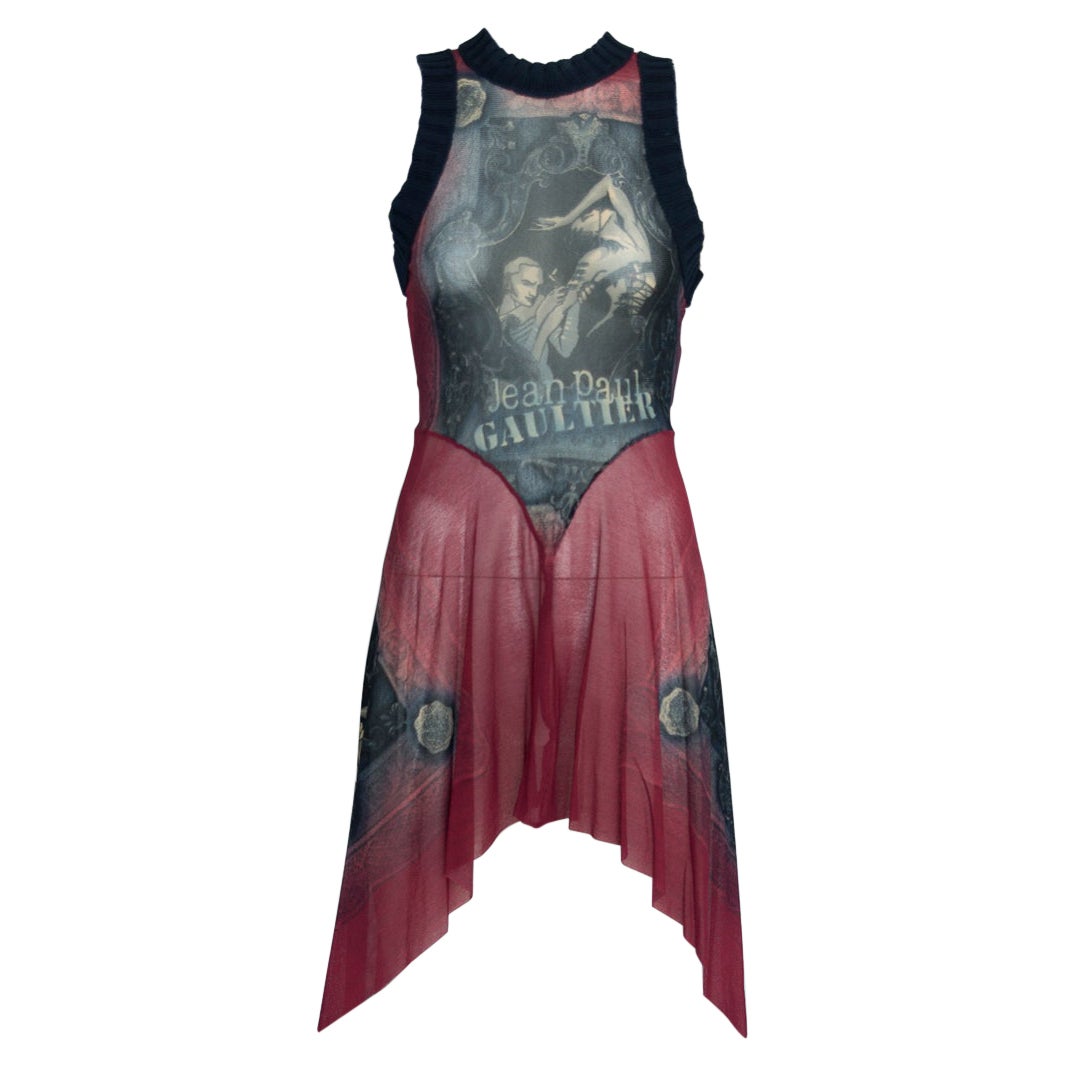 Jean Paul Gaultier Vestido Tatuaje Asimétrico Estampado de Malla Elástica y Punto, SS1995 en venta