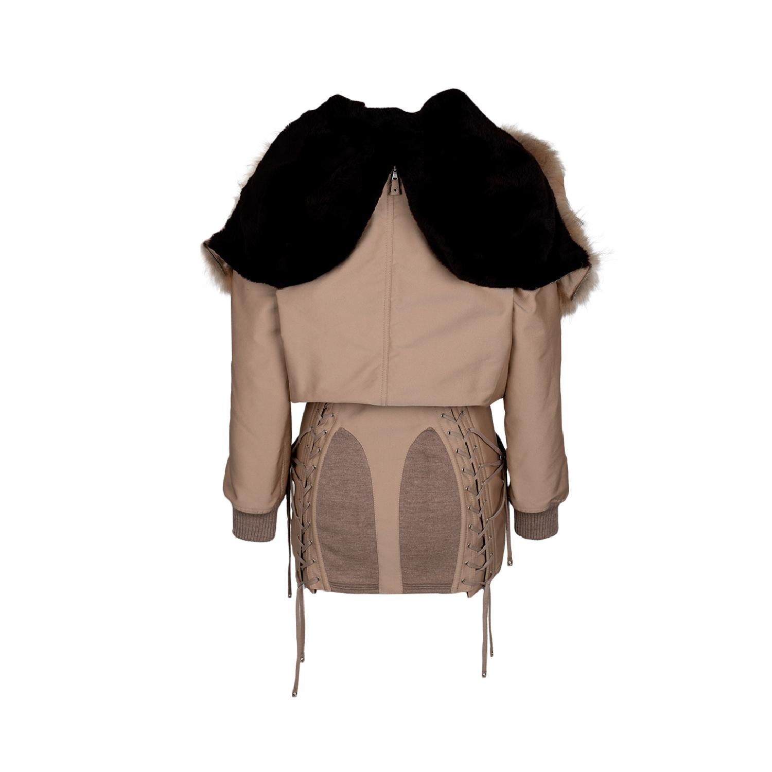 Jean Paul Gaultier beige puffer coat, button and zip fastening, frontal pocket, embellished with murmasky fur.