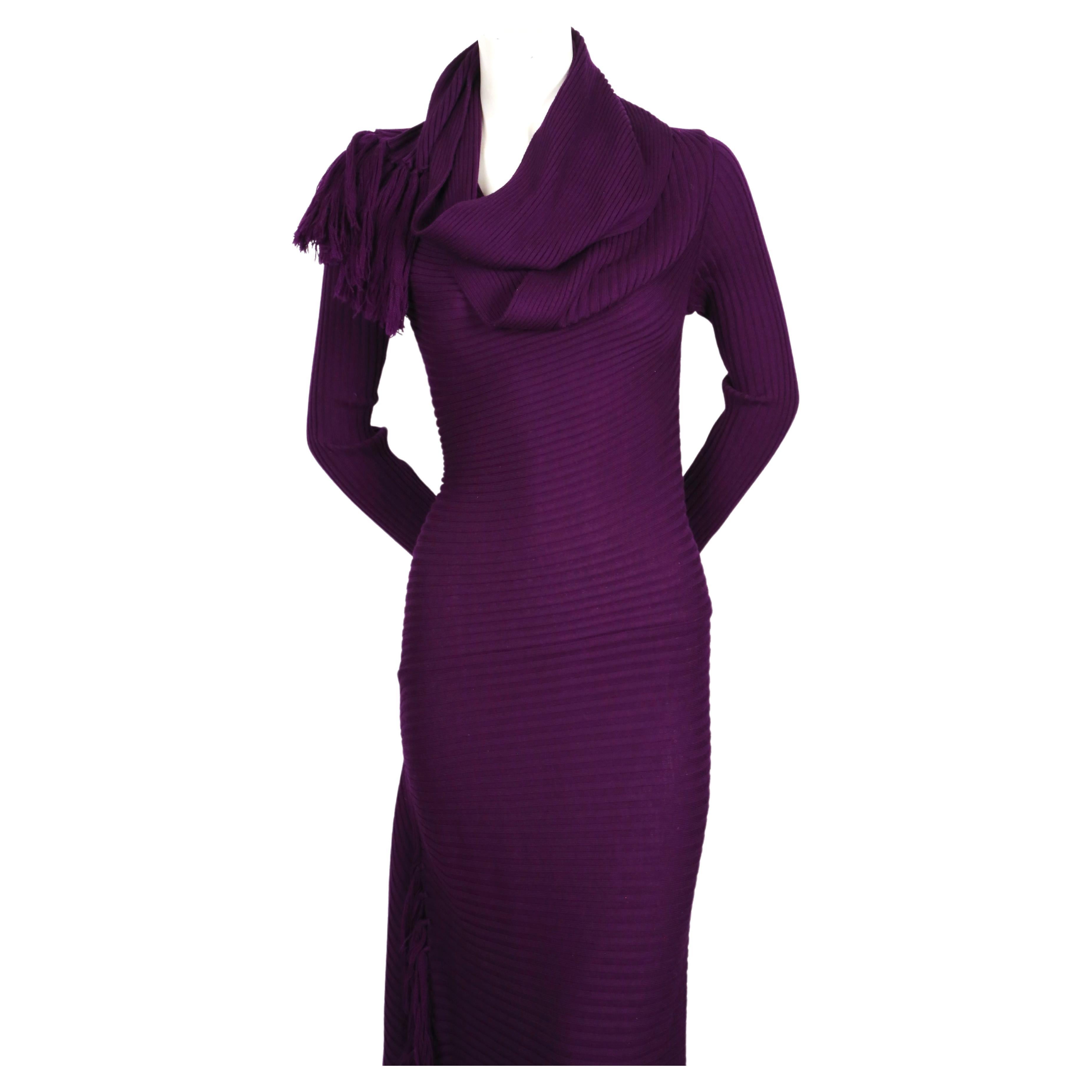  JEAN PAUL GAULTIER purple ribbed knit dress with scarf In Good Condition For Sale In San Fransisco, CA