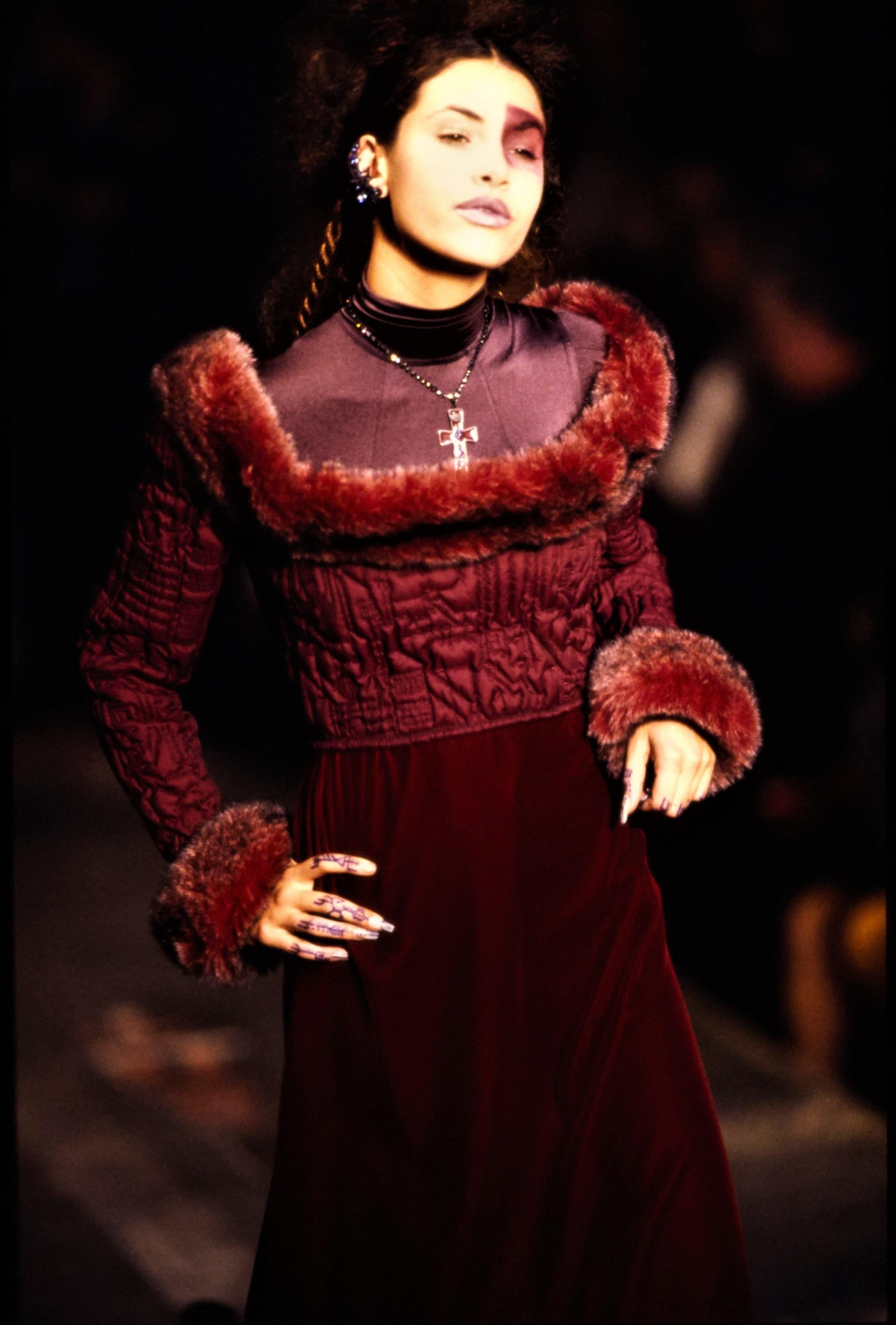 Black Jean Paul Gaultier quilted plum polyester corset with faux fur, fw 1995