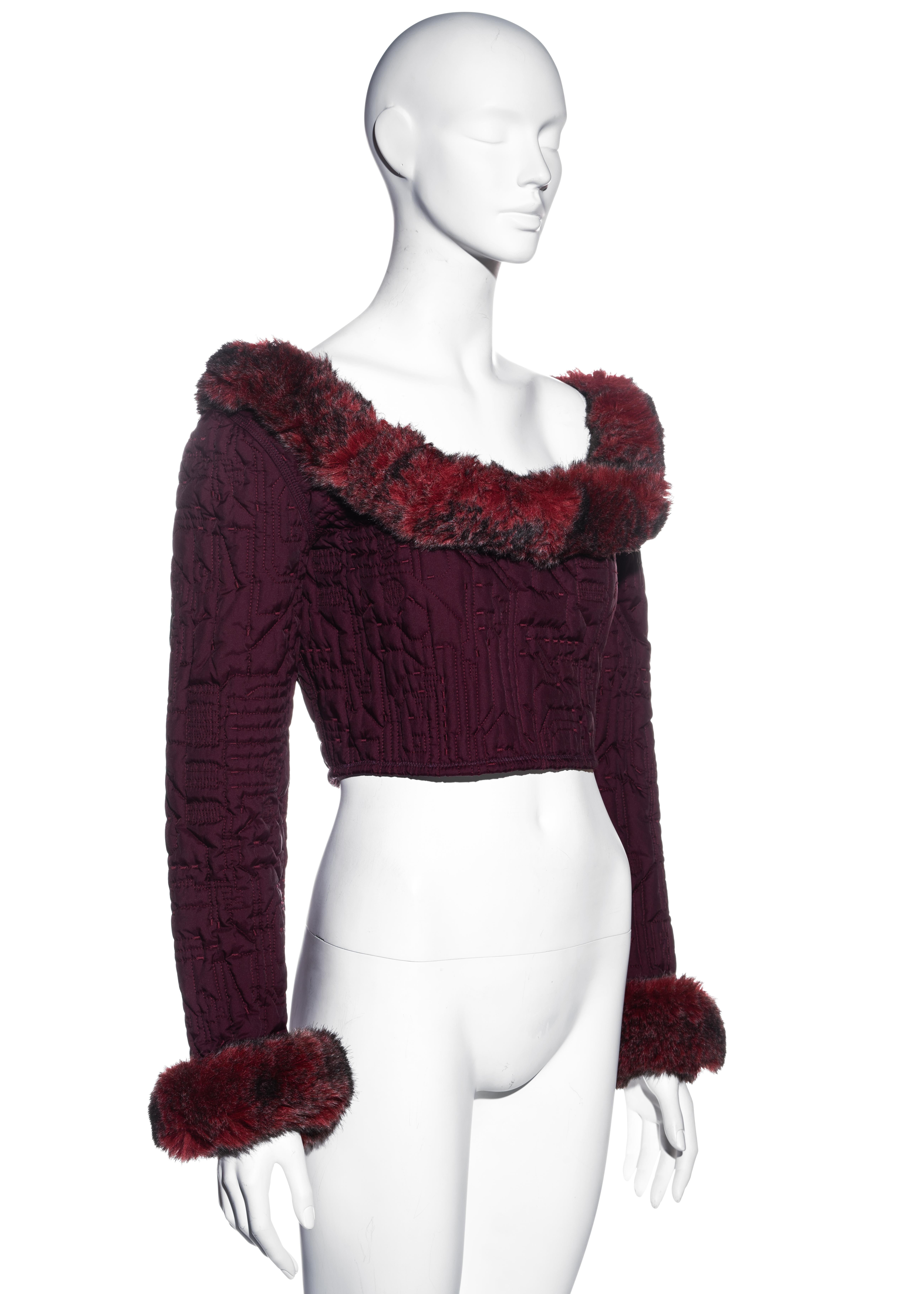 Women's Jean Paul Gaultier quilted plum polyester corset with faux fur, fw 1995