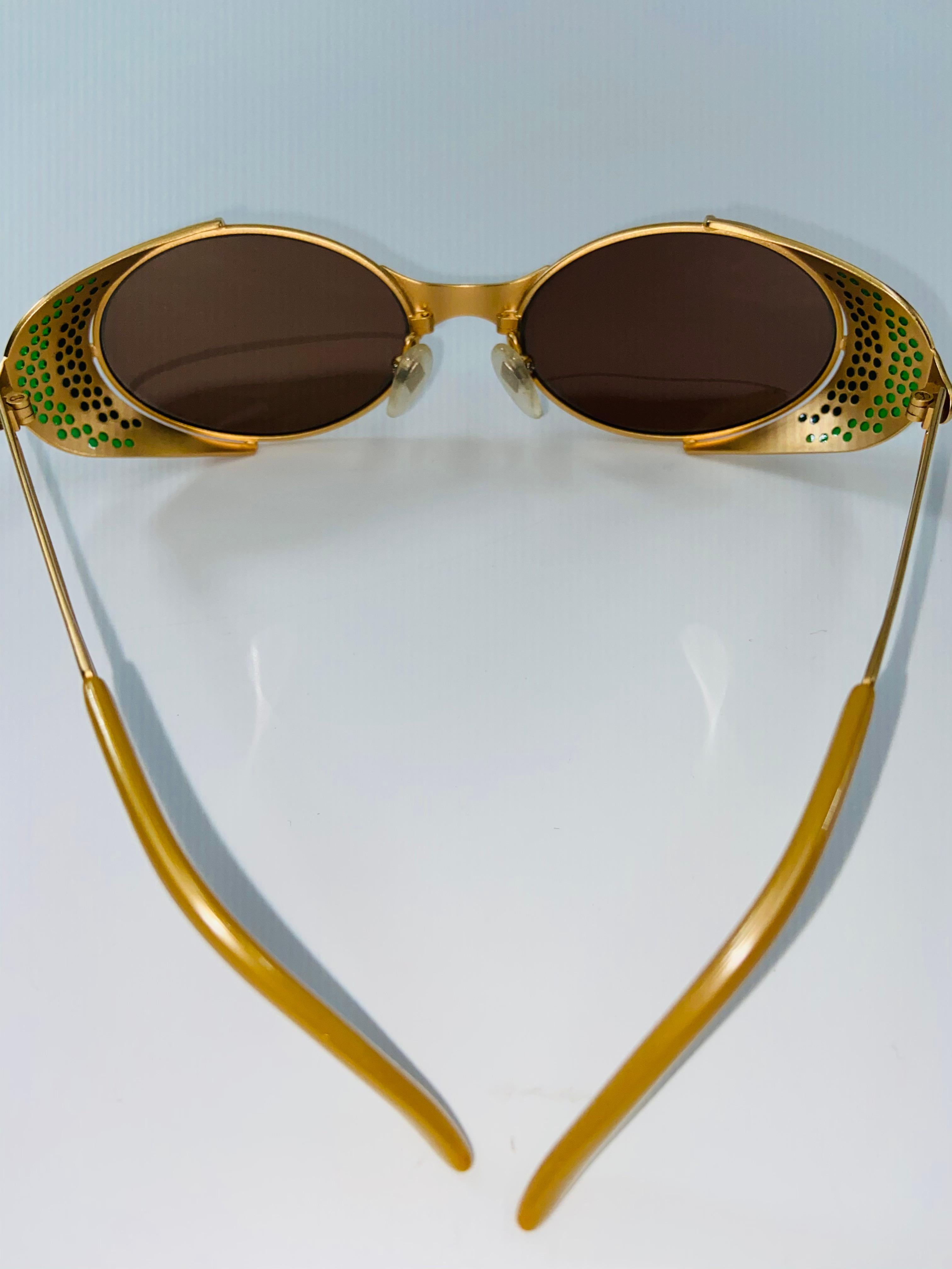 Jean Paul Gaultier Rare Vintage Green Enamel & Gold Steampunk Sunglasses For Sale 4