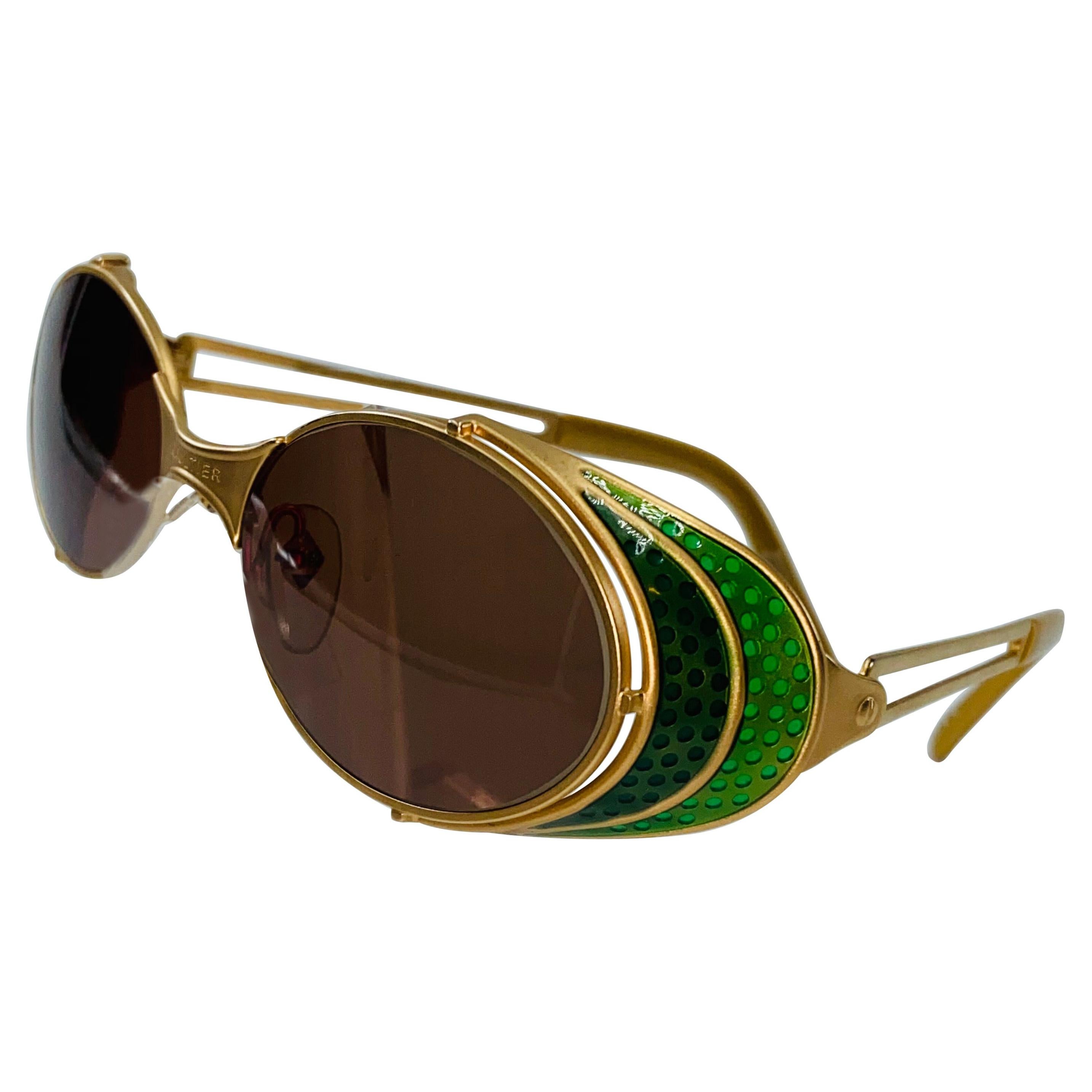 Jean Paul Gaultier Rare Vintage Green Enamel & Gold Steampunk Sunglasses For Sale