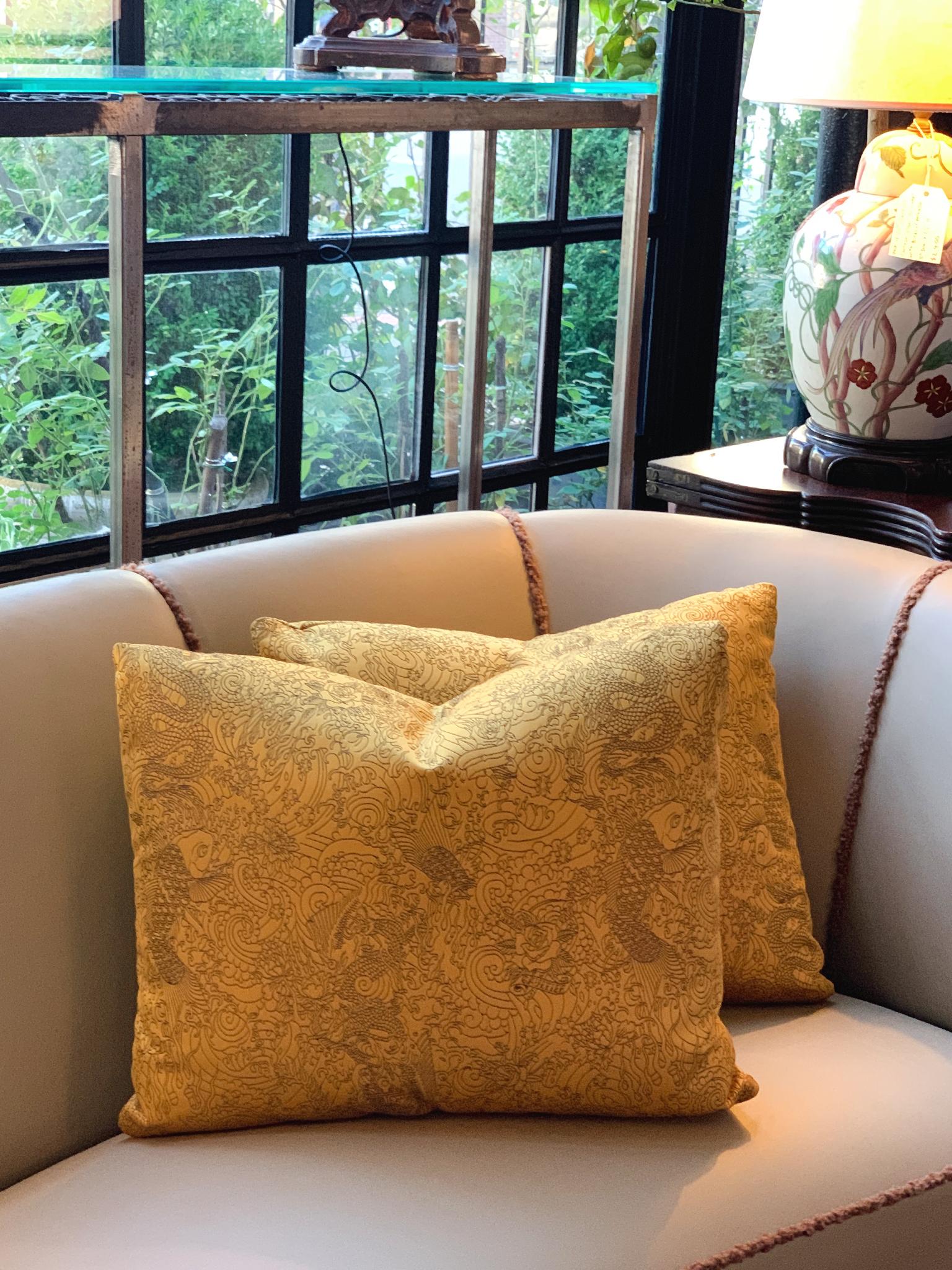 XXIe siècle et contemporain Jean Paul Gaultier Rectangular Gold Satin Jacquard Pillows - A Pair en vente