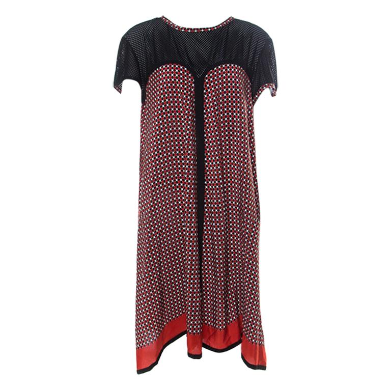 Jean Paul Gaultier Red and Black Geometric Printed Silk Perforated Knit Detail D