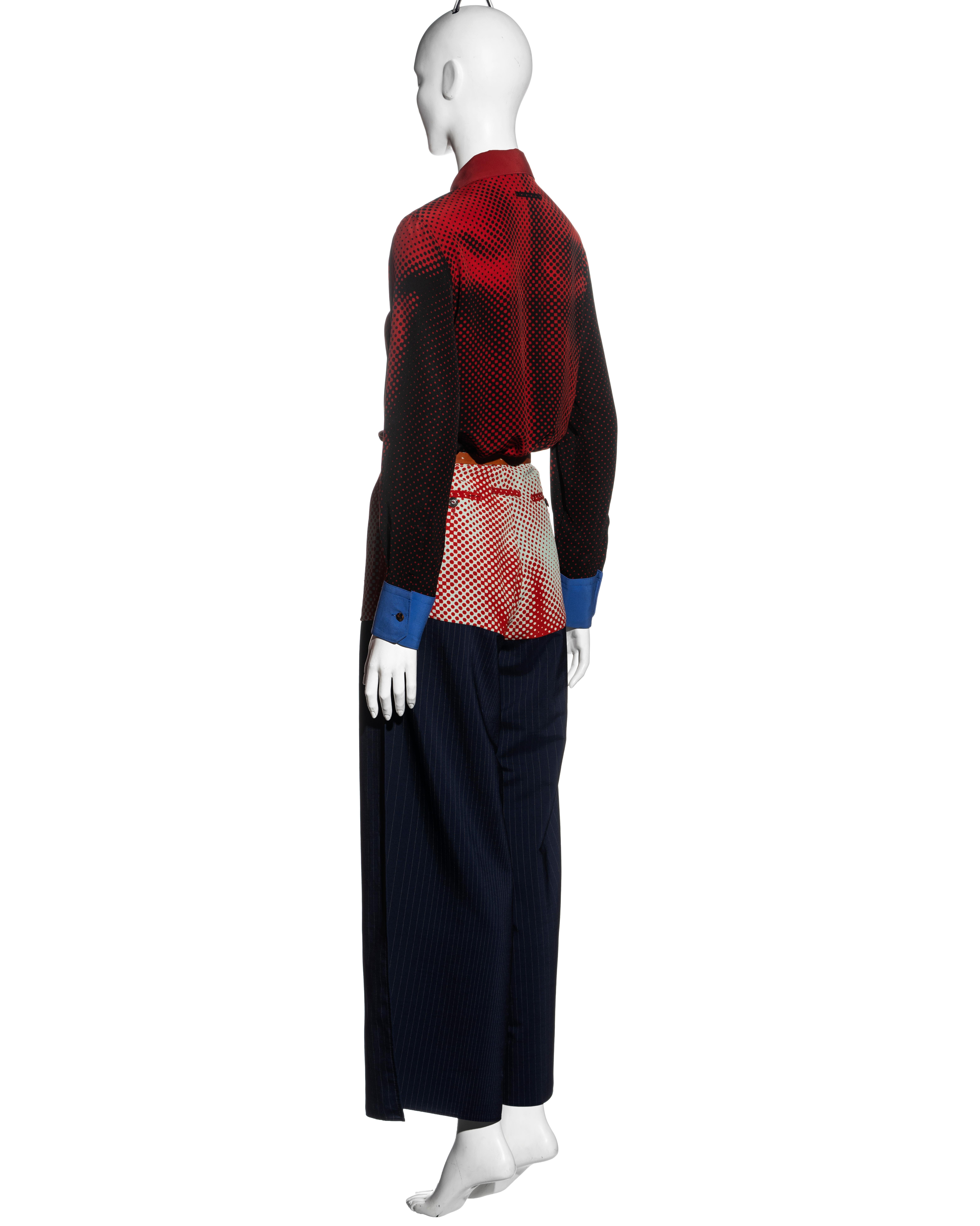 Black Jean Paul Gaultier red and navy trompe l'oeil print shirt and pants set, ss 1996