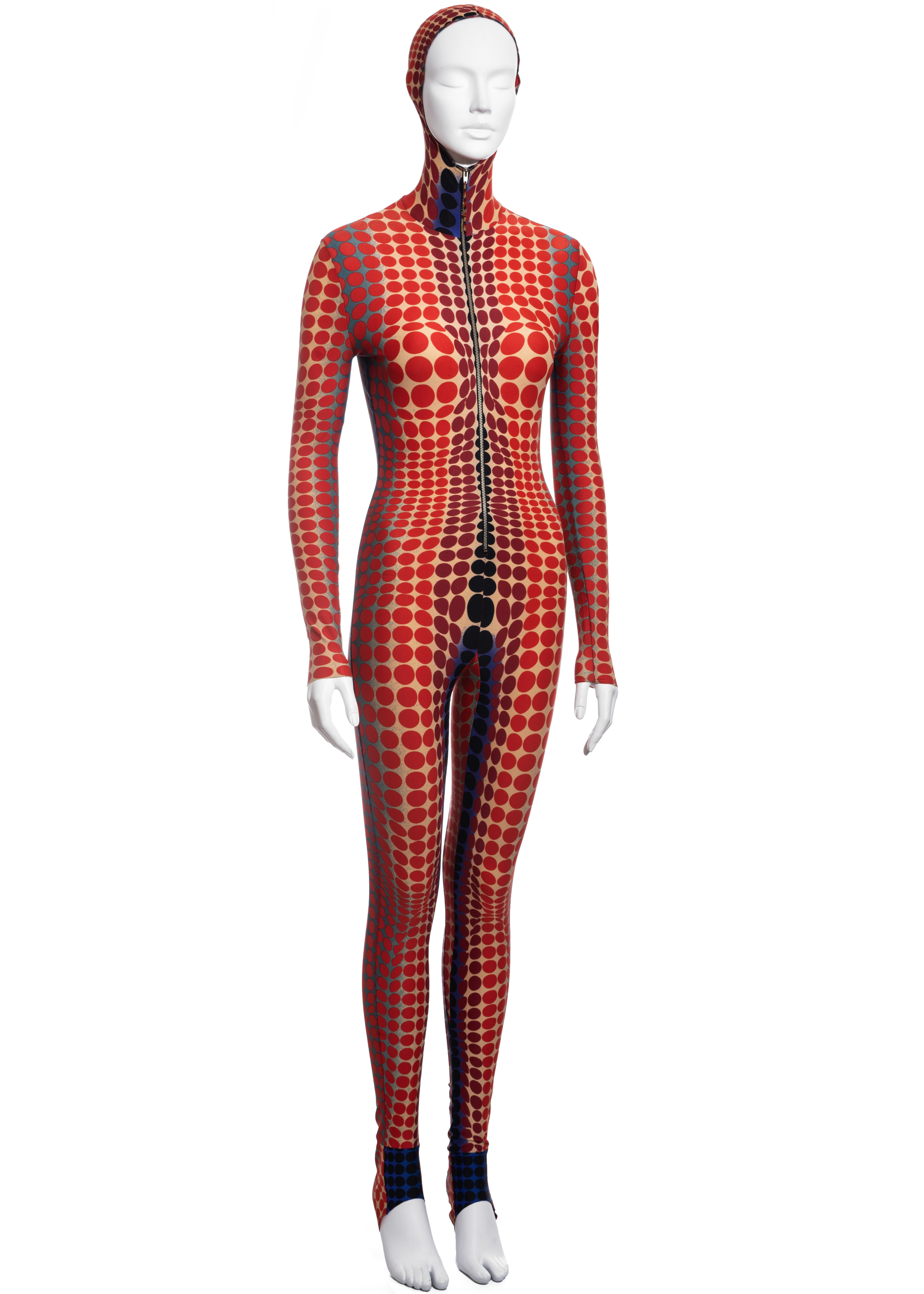 Brown Jean Paul Gaultier red cyber dots hooded catsuit, fw 1995