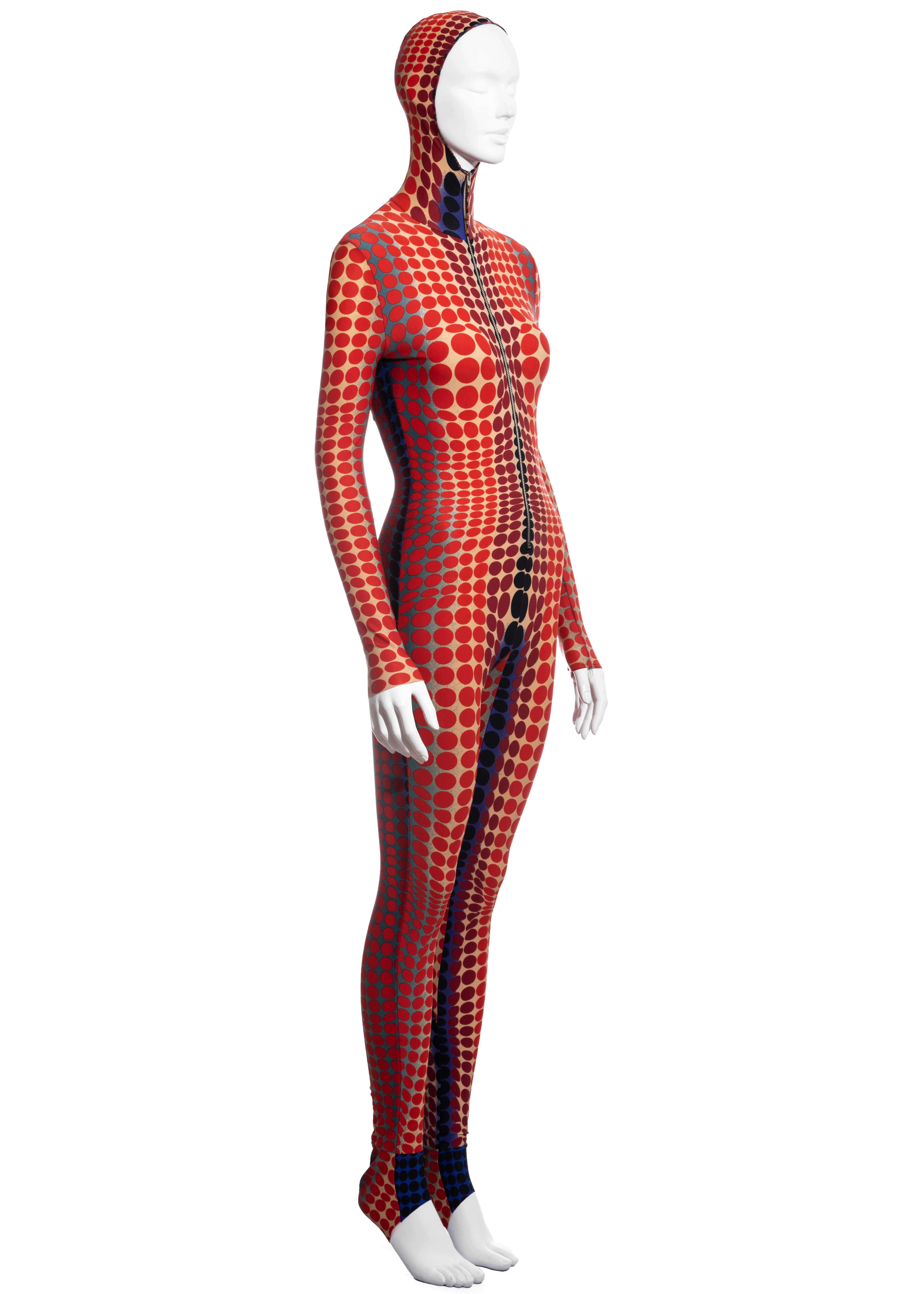 Women's Jean Paul Gaultier red cyber dots hooded catsuit, fw 1995