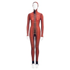 Retro Jean Paul Gaultier red cyber dots hooded catsuit, fw 1995