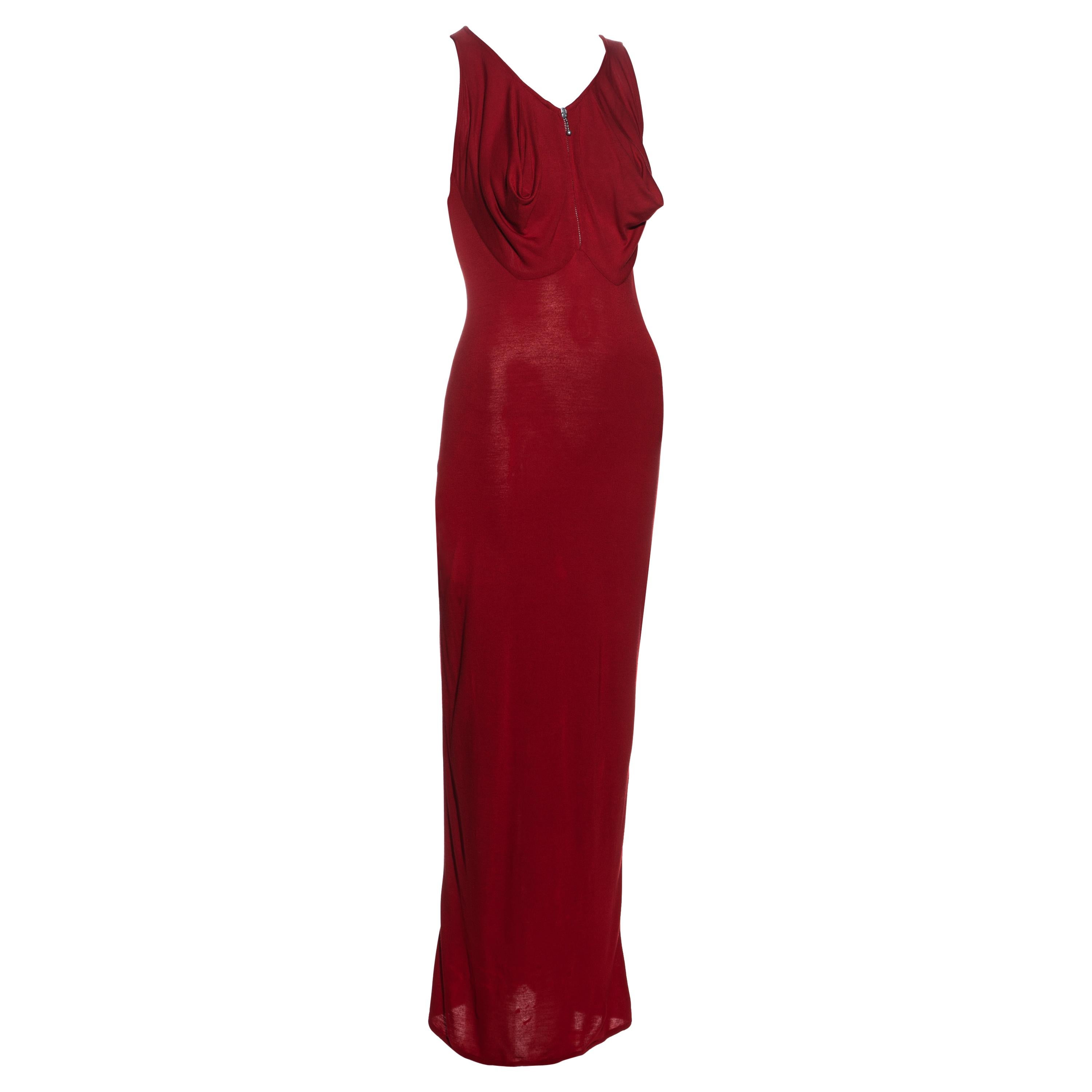 Jean Paul Gaultier red jersey cone breast maxi dress, fw 1985 For Sale