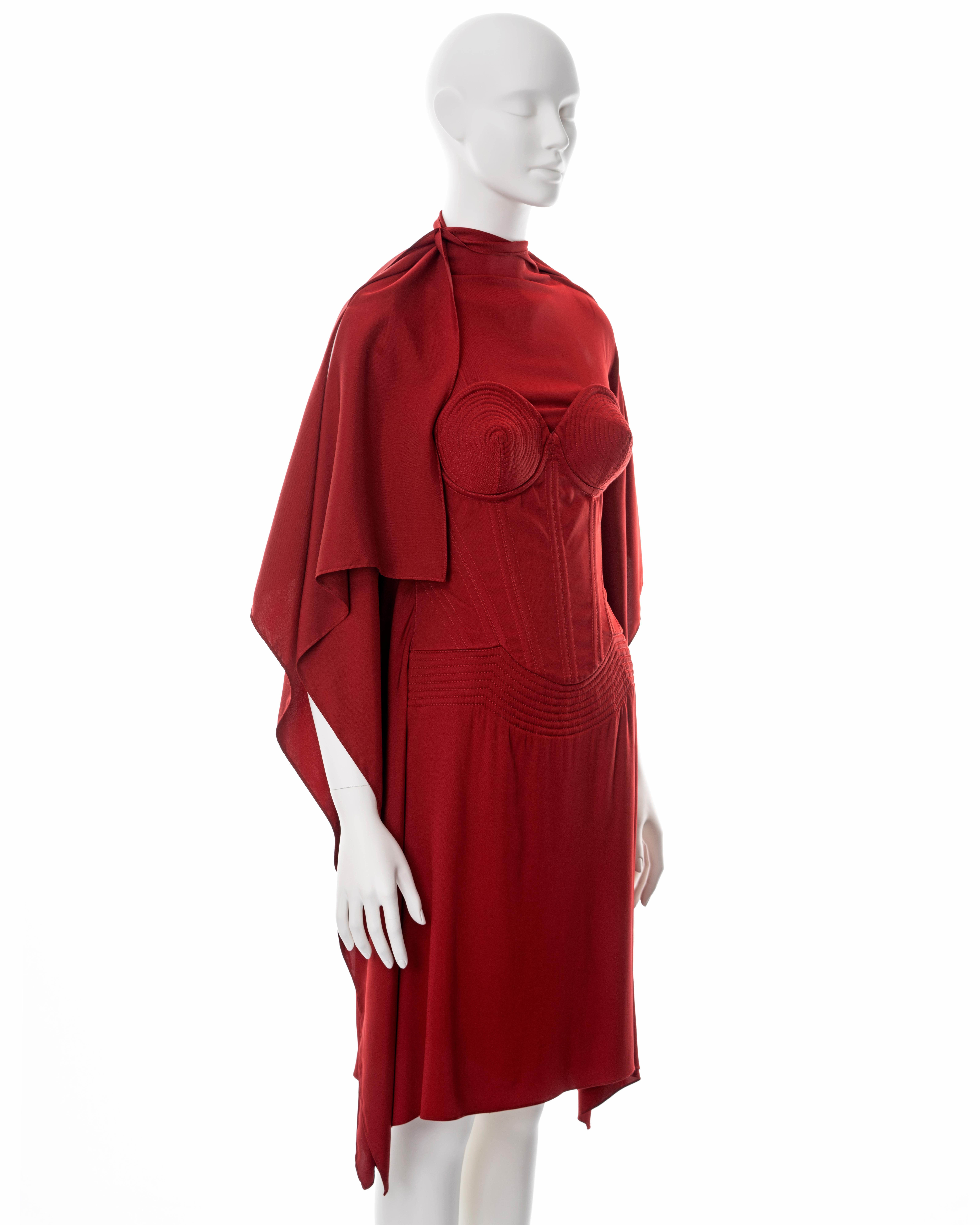 Women's Jean Paul Gaultier red silk dress with built-in cone bra and corset, fw 2010