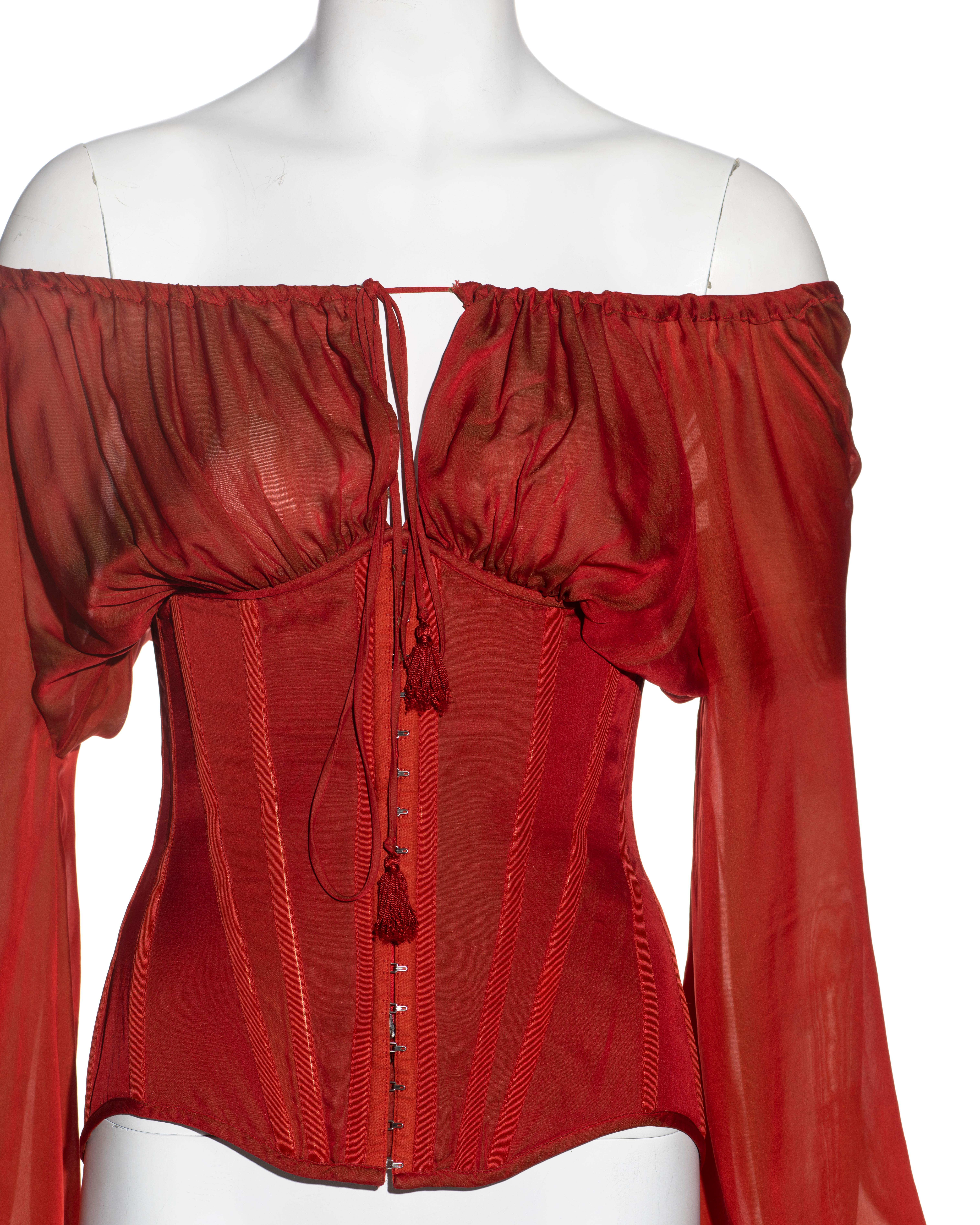 Jean Paul Gaultier red silk long sleeve corset, ss 2008 In Good Condition In London, GB
