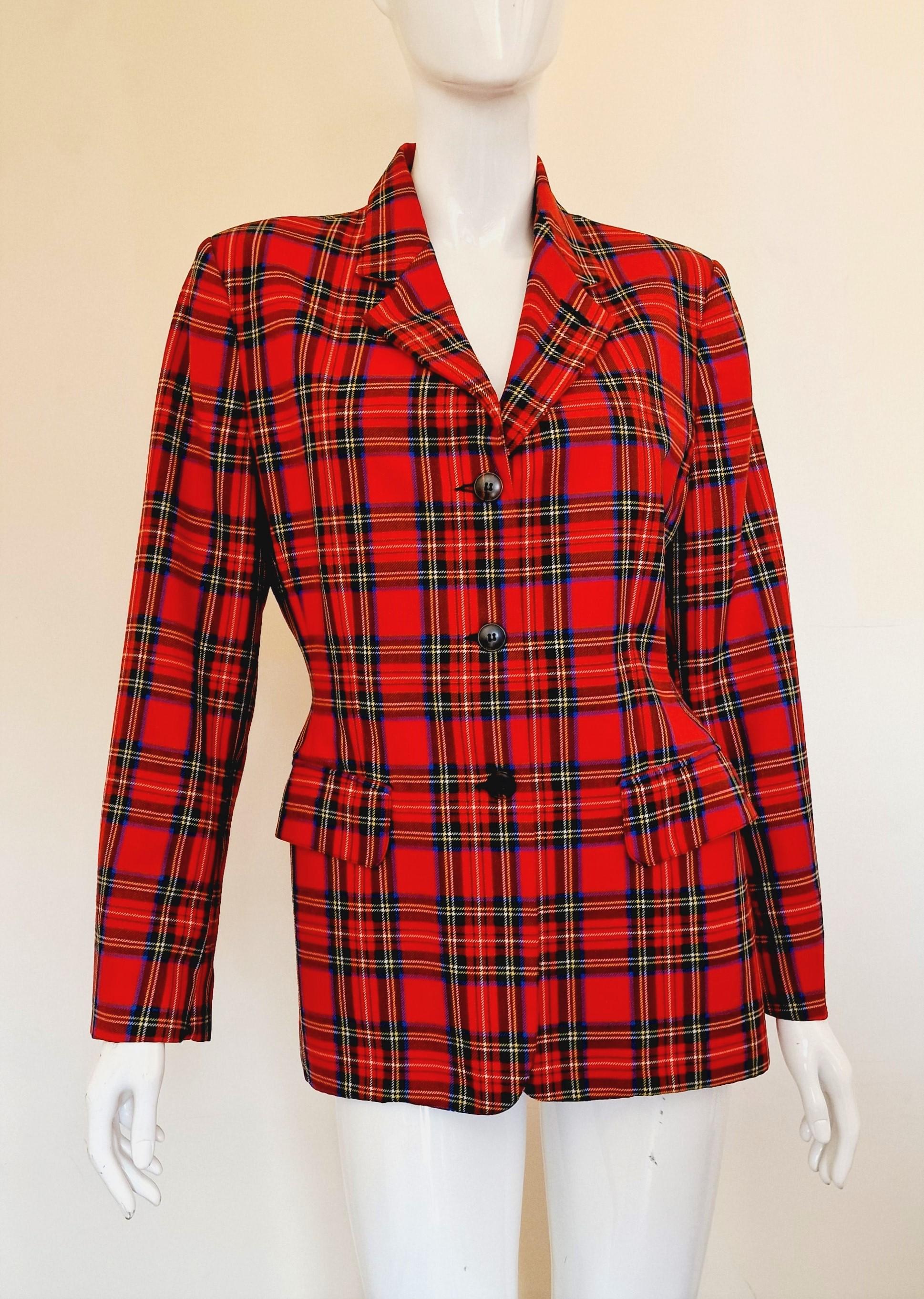 Jean Paul Gaultier Red Tartan Wool Junior Vintage Punk Fight Blazer Suit Jacket For Sale 1