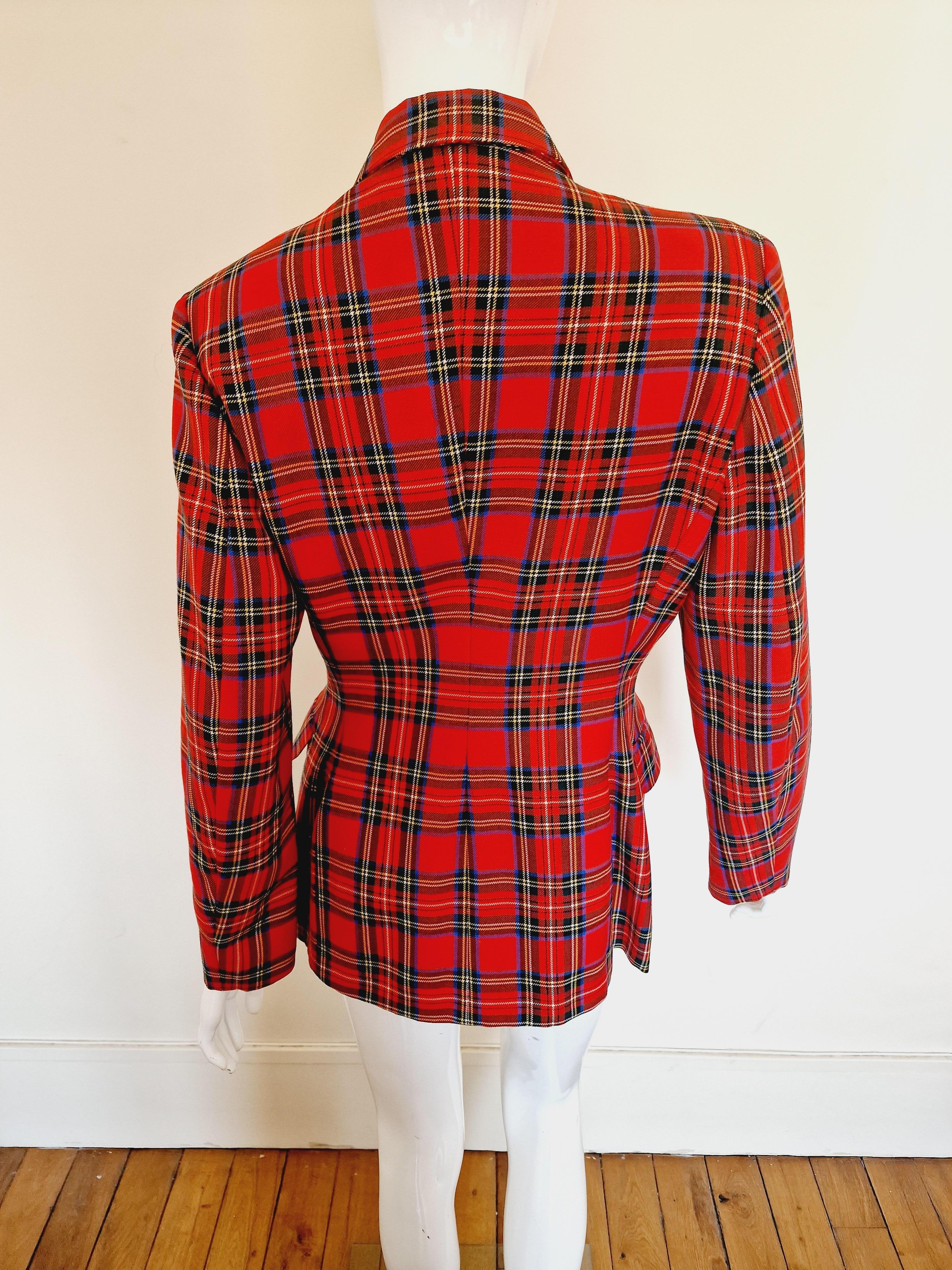Jean Paul Gaultier Red Tartan Wool Junior Vintage Punk Fight Blazer Suit Jacket For Sale 5