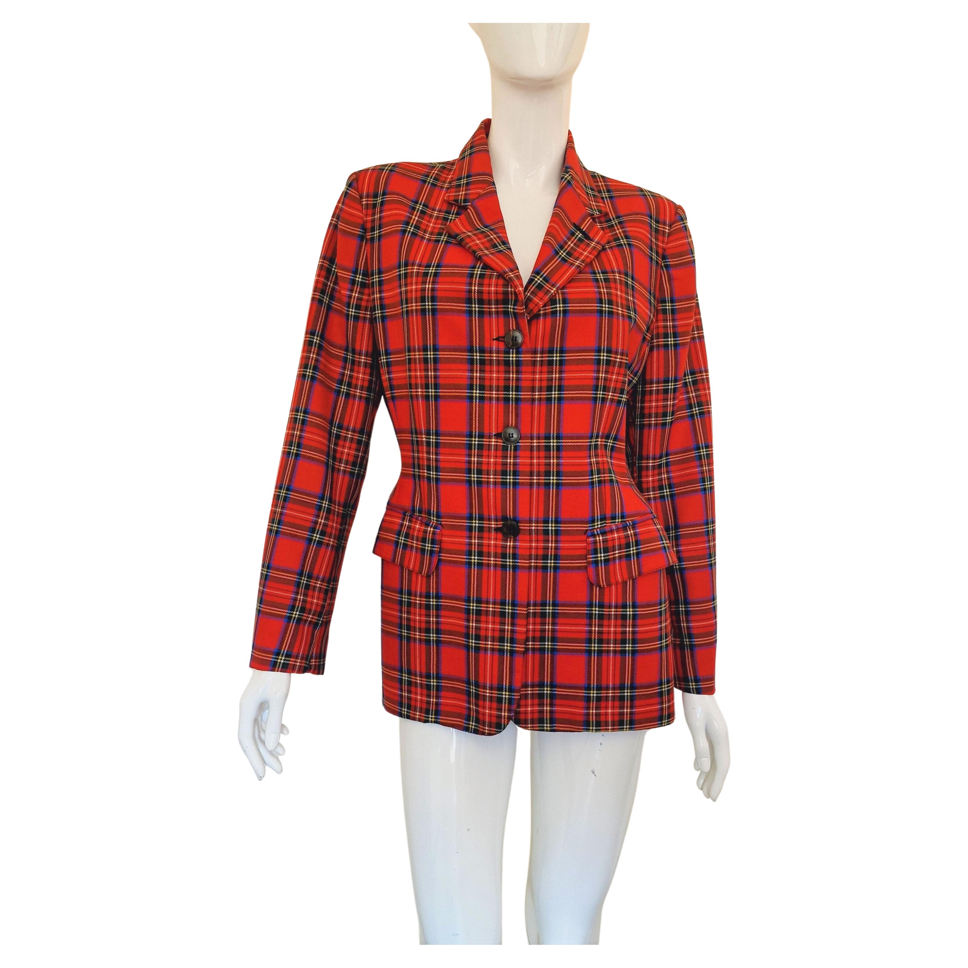 Jean Paul Gaultier Red Tartan Wool Junior Vintage Punk Fight Blazer Suit Jacket For Sale