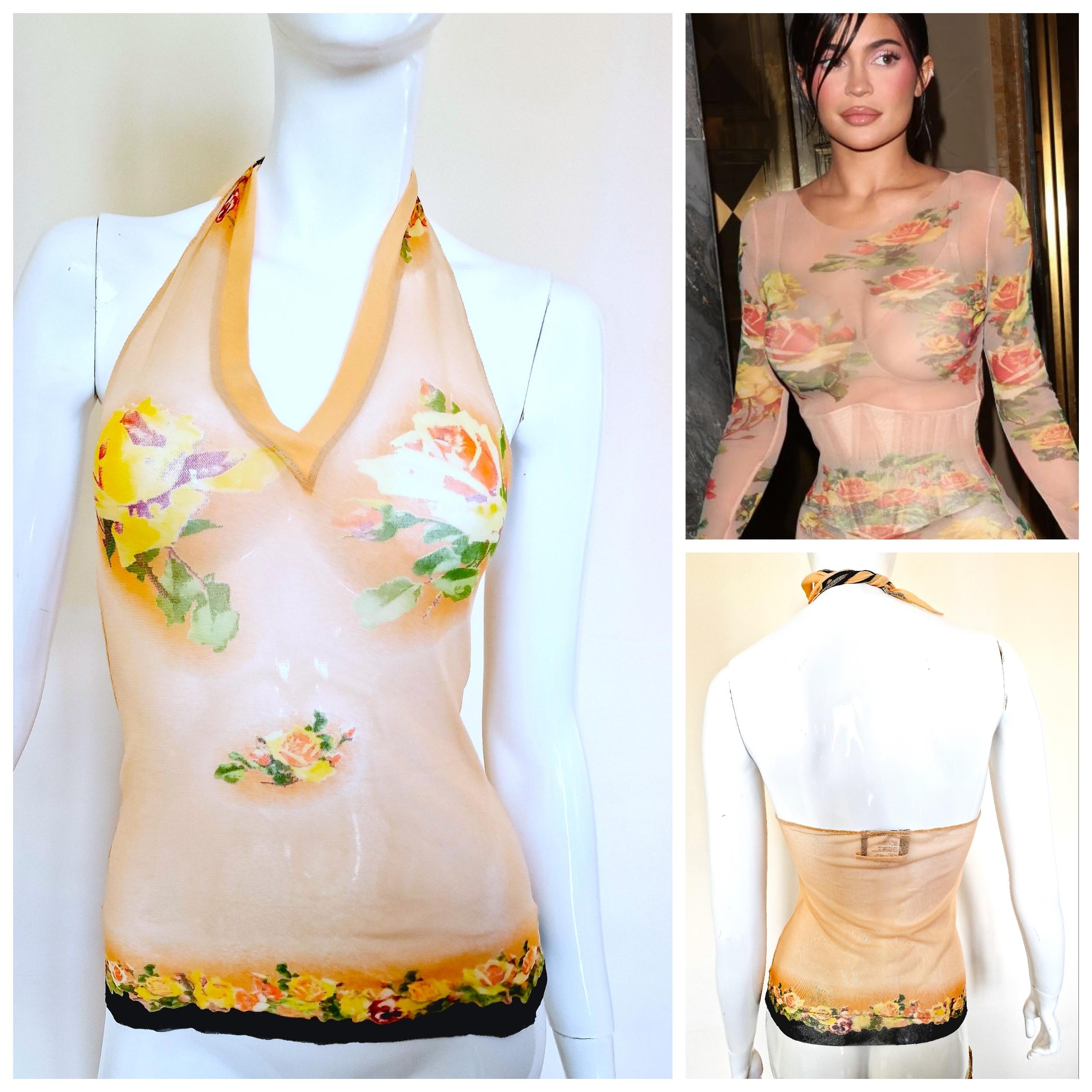 Jean Paul Gaultier Rose Kendall Kylie Jenner Mesh Transparent T-shirt Tee Top In Excellent Condition For Sale In PARIS, FR