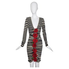 JEAN PAUL GAULTIER Ruched midi dress with stripes and front applique flowers