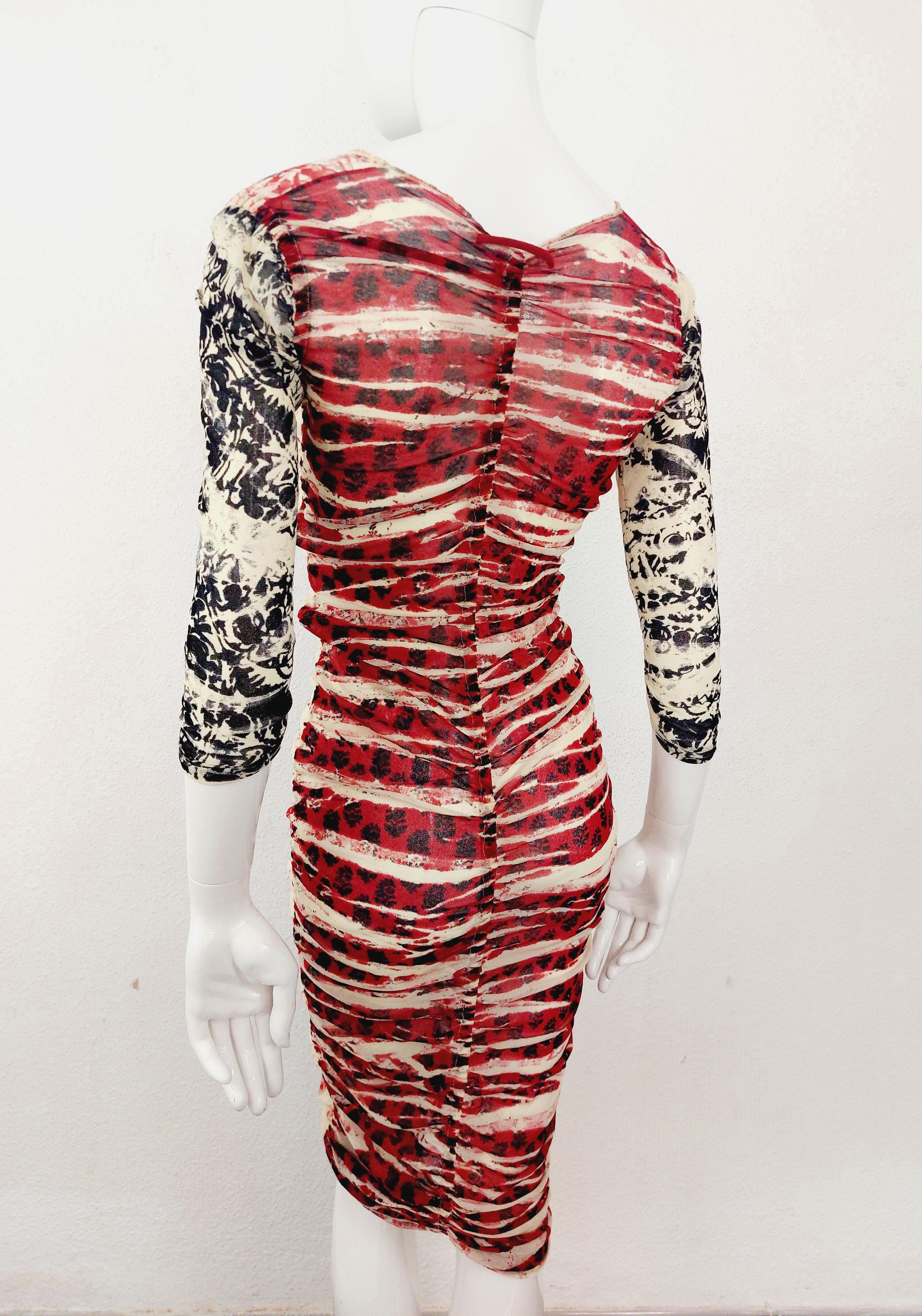 Jean Paul Gaultier Ruffled Tattoo Mesh Dotted Optical Illusion 90s Runway Dress For Sale 5